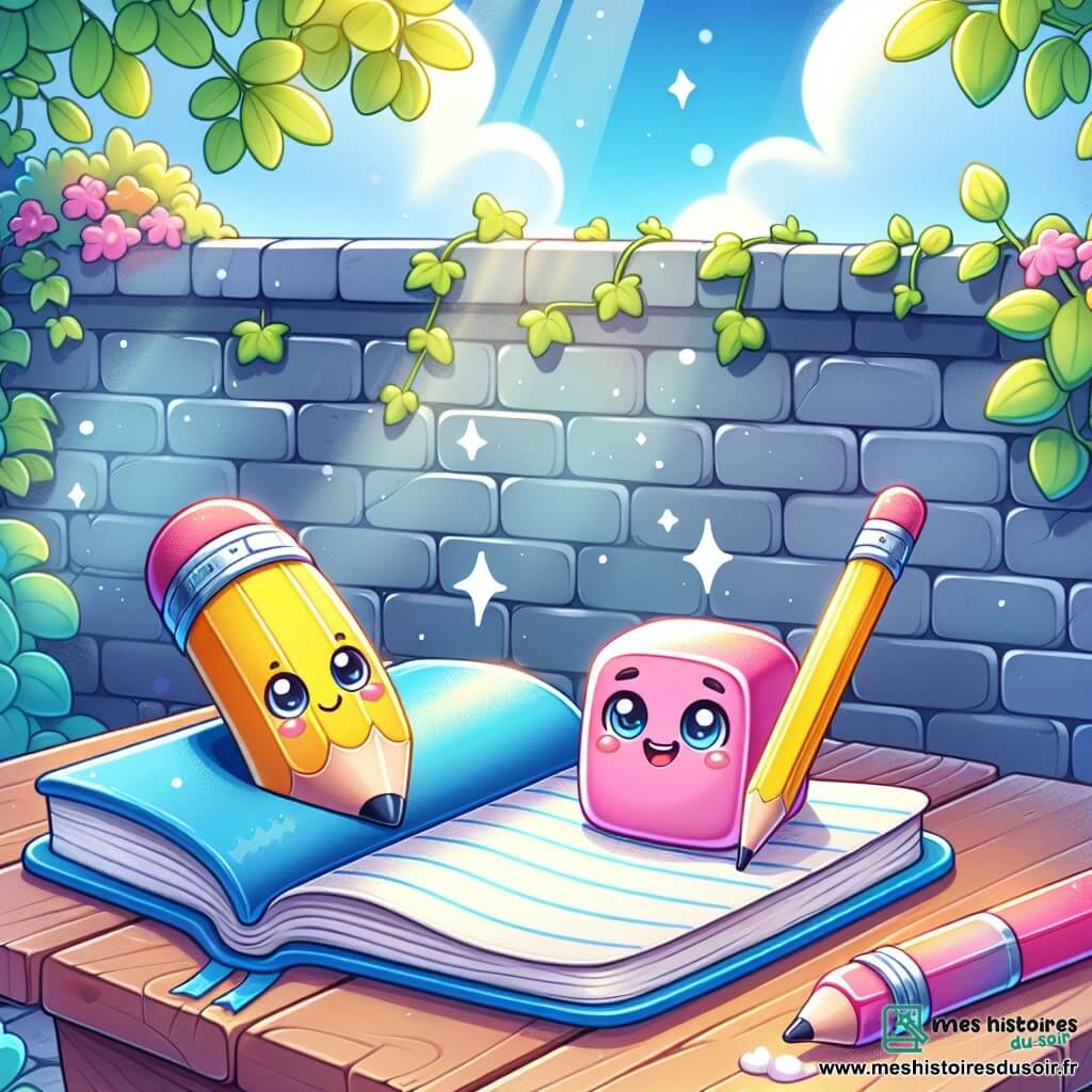 Un carnet à couverture bleue, ouvert sur un banc en bois, est rempli de dessins colorés et de notes. À côté, une gomme rose souriante observe le carnet, prête à l'aider. Un crayon jaune vif trace des lignes sur une feuille, concentré et enthousiaste. En arrière-plan, la cour intérieure est lumineuse avec des dalles grises, des feuilles vertes et un ciel bleu clair. Le carnet, la gomme et le crayon déchiffrent un message codé sur une feuille jaunie, plongés dans une atmosphère d'excitation et de mystère, prêts à résoudre une énigme.