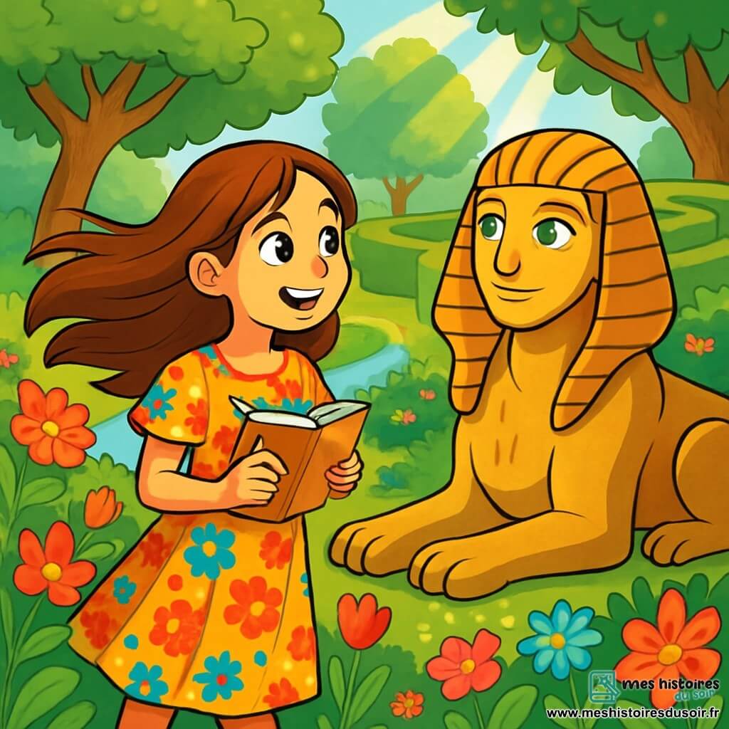 Eléa, une fille de 12 ans aux longs cheveux châtains et aux yeux curieux, se tient au centre d'un jardin luxuriant. Elle porte une robe légère aux couleurs vives et tient un carnet, prête à noter ses découvertes. À ses côtés, un sphinx majestueux, avec un corps de lion et une tête humaine, l'observe avec bienveillance. Le jardin est rempli de fleurs éclatantes, d'arbres étranges et d'une rivière scintillante. Au fond, un labyrinthe de haies invite à l'exploration. Eléa, émerveillée, contemple le sphinx sous des rayons de soleil filtrant à travers les feuilles, créant une atmosphère magique.