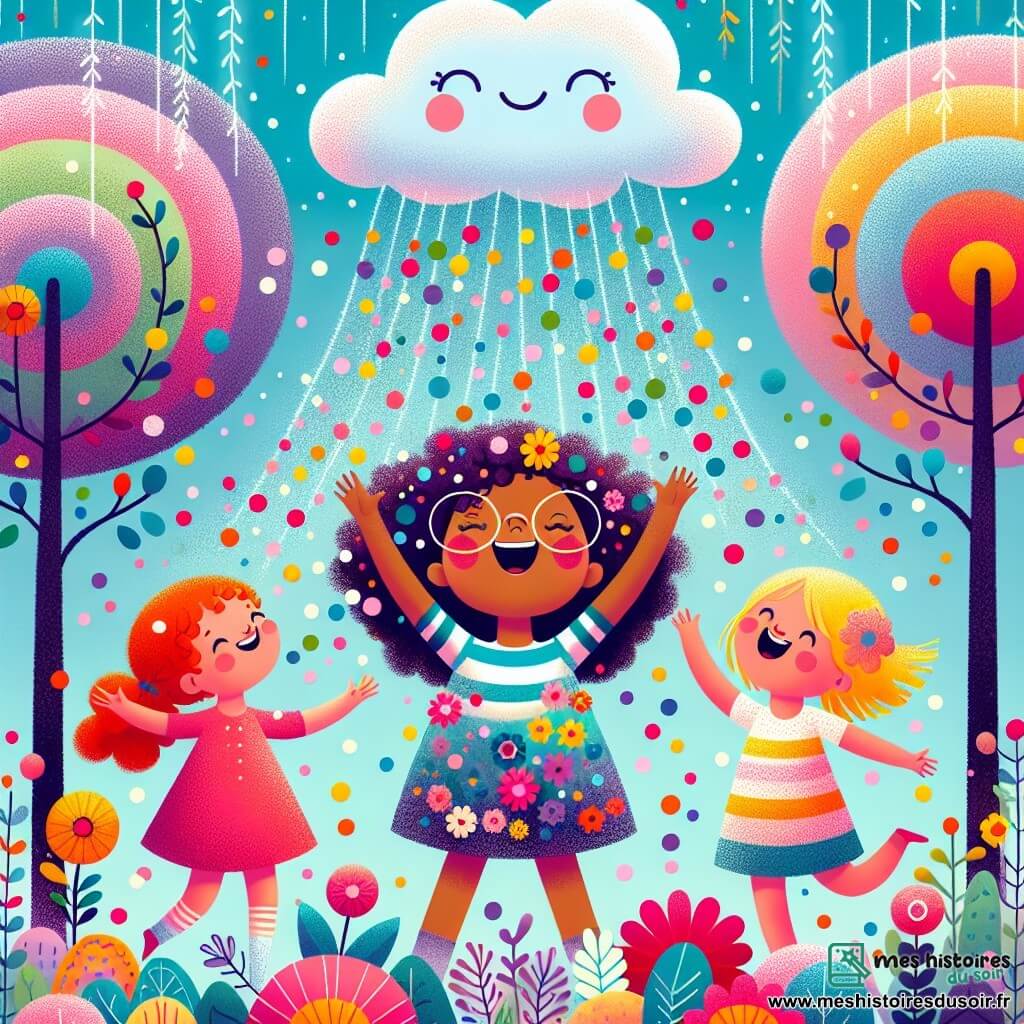 Trois amies joyeuses se trouvent dans un jardin enchanté. Lila, 8 ans, danse au centre, entourée de confettis brillants. À sa gauche, Mia, 9 ans, rit en levant les bras pour attraper les confettis. À droite, Zoé, 7 ans, essaie de donner des câlins aux confettis qui tombent. Le jardin est rempli de fleurs multicolores et de grands arbres scintillants, avec un petit nuage souriant au-dessus d'elles. Les trois amies viennent de manger des bonbons magiques, et une pluie de confettis éclatants tombe du ciel, créant une ambiance joyeuse.