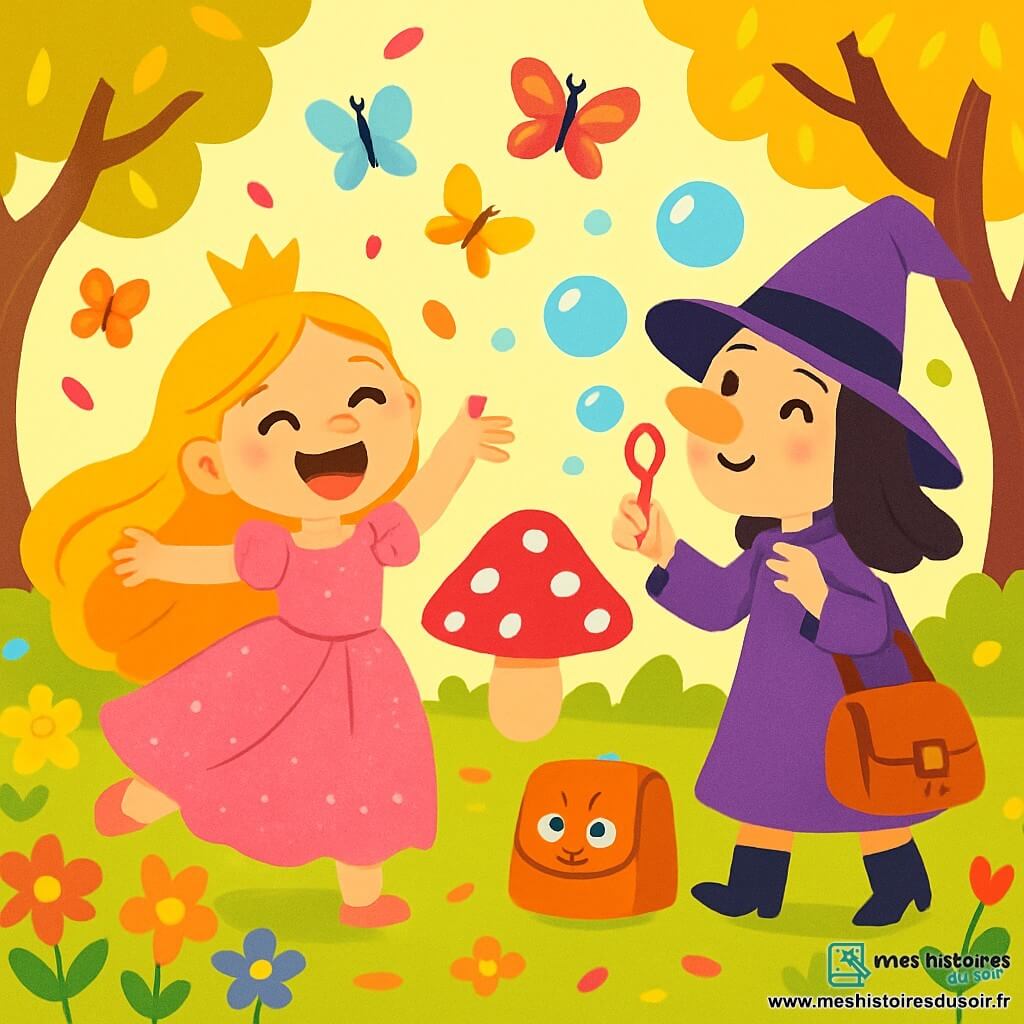 Une princesse joyeuse, avec de longs cheveux dorés et une robe rose scintillante, danse dans un jardin magique rempli de fleurs multicolores. Elle rit, les yeux brillants de bonheur. À ses côtés, une sorcière drôle, avec un grand chapeau violet, souffle des bulles de savon. Le jardin est enchanté, avec des arbres aux troncs tordus et des feuilles dorées. Des papillons volent autour, et un champignon rouge à pois blancs se dresse au centre. La scène montre la princesse et la sorcière riant ensemble, entourées de bulles et de pétales de fleurs, créant une atmosphère magique.