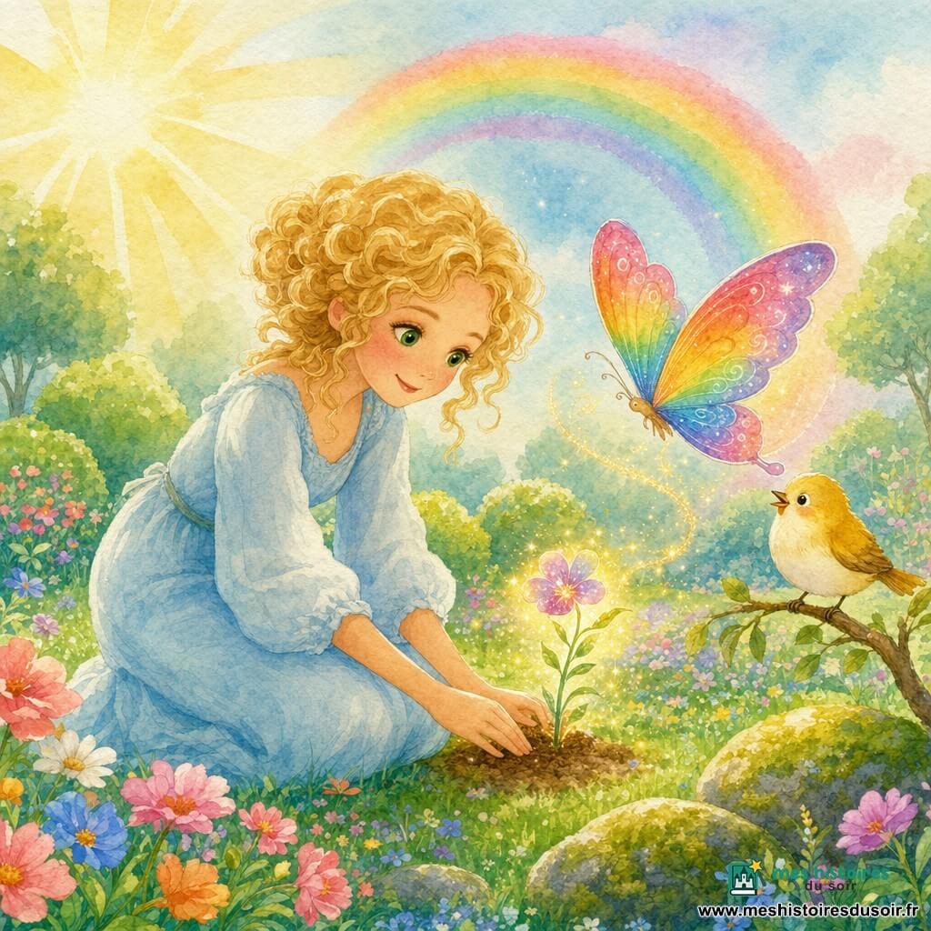 Femme aux cheveux blonds bouclés, robe bleu pâle, sourire tendre, plante délicatement une petite fleur magique qui scintille; un papillon aux ailes arc‑en‑ciel vole autour tandis qu'un petit oiseau jaune perché chante dans un jardin enchanteur de pelouse verte, fleurs multicolores, pierres moussues et ciel pastel baignés de soleil doré.