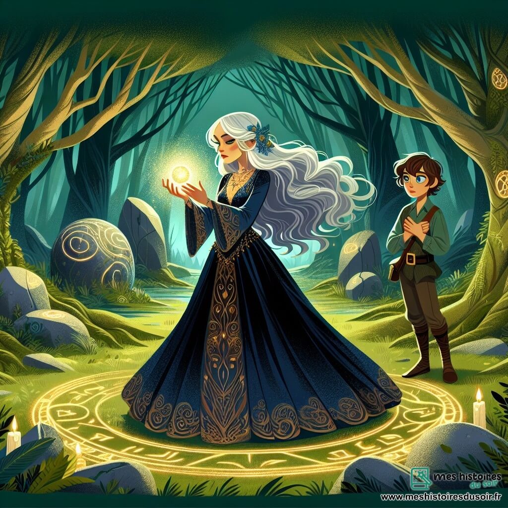 Seraphina, une mage d'une trentaine d'années, se tient au centre d'une clairière, ses longs cheveux argentés flottant dans le vent. Elle porte une robe en velours bleu nuit ornée de motifs dorés, et son visage exprime une détermination lumineuse, éclairé par la Perle de Lumière qu'elle tient dans ses mains. À ses côtés, Eldrin, un garçon de douze ans aux cheveux bruns en désordre, admire la Perle avec émerveillement. La clairière, entourée d'arbres majestueux, est illuminée par le soleil, créant des motifs de lumière sur le sol. Des pierres gravées de runes forment un cercle autour du piédestal de pierre où repose la Perle. Seraphina vient de réussir les épreuves pour retrouver cet artefact magique, symbole d'espoir et de protection pour leur royaume, et elle et Eldrin sont prêts à ramener la paix à leur cité.
