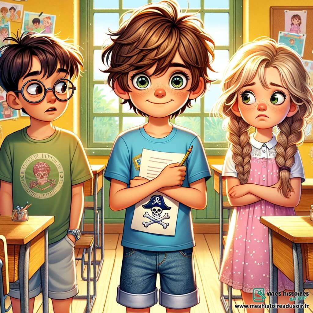 Un garçon de 10 ans, Louis, se tient au centre de l'image, avec des cheveux bruns en désordre et un sourire timide. Il porte un t-shirt bleu avec un dessin de pirate et un short en jean, tenant une lettre, l'air nerveux mais déterminé à avouer son mensonge à ses amis. À sa droite, Clara, une fille de 10 ans aux cheveux blonds tressés, porte une robe rose à pois blancs et regarde Louis avec inquiétude. À sa gauche, Maxime, également âgé de 10 ans, a des lunettes rondes et croise les bras, l'air perplexe. La scène se déroule dans une salle de classe ensoleillée, avec des murs jaunes et des posters colorés. Louis est prêt à avouer son mensonge sur la chasse au trésor, tandis que ses amis expriment surprise et attente, créant une atmosphère chargée d'émotion.