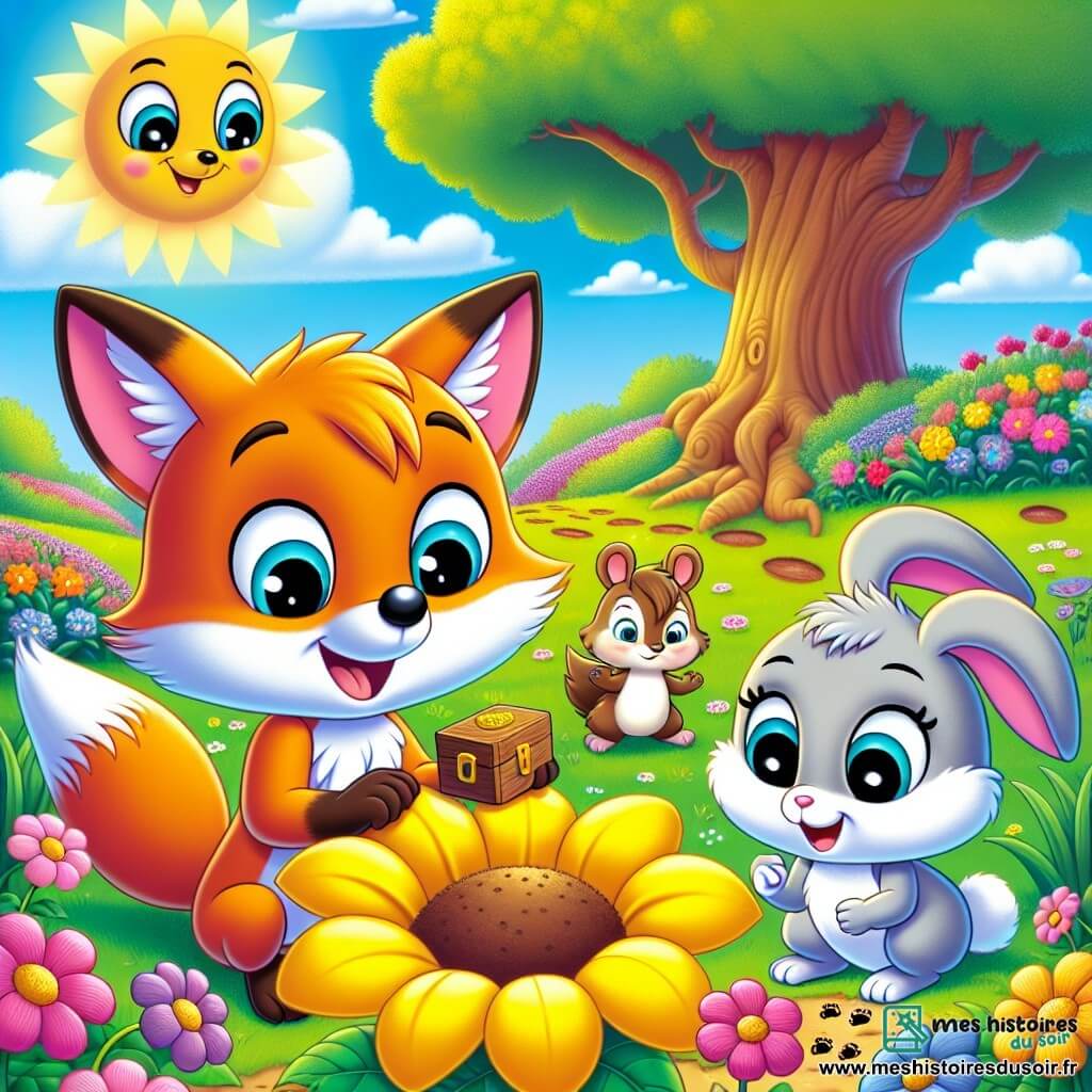 Félix le renard, un renard orange vif aux yeux curieux, est accroupi près d'une grande fleur jaune sous le soleil, souriant et tenant une petite boîte en bois. À côté, Léa la lapine, avec ses grandes oreilles blanches, admire la fleur avec surprise. Tom le hérisson, déterminé, examine des empreintes au sol, prêt à aider. Le décor est un jardin coloré avec des fleurs roses, violettes et bleues, sous un ciel bleu clair. Au fond, un vieux chêne majestueux offre de l'ombre. Les trois amis découvrent un trésor caché sous la fleur, dans une atmosphère d'excitation et de mystère.
