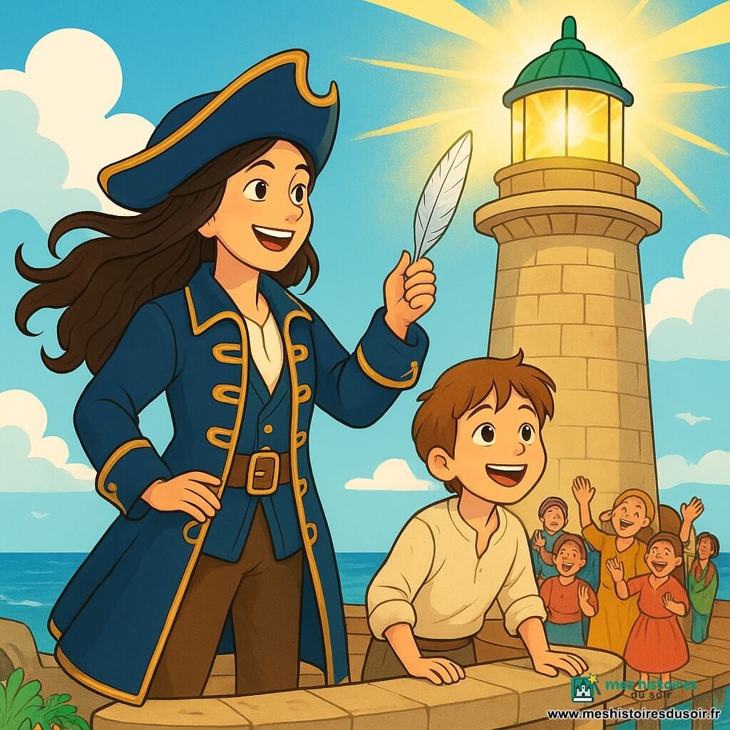 Au sommet d'un phare ancien, Sélène, une femme pirate, se tient fièrement avec ses cheveux flottant au vent. Elle porte un manteau bleu marine et un chapeau à large bord, affichant une détermination et une joie éclatantes. Dans sa main, elle tient une plume d'argent, symbole d'espoir, tout en scrutant l'horizon. À ses côtés, Léo, un garçon de 10 ans aux cheveux châtains, admire la lumière du phare, souriant avec admiration. En arrière-plan, des villageois, dont des enfants joyeux, applaudissent et chantent sur un quai en bois, entourés de fleurs et de rochers, tandis que la mer scintille à l'horizon. La scène capture le moment où Sélène pose la plume d'argent sur le phare, illuminant l'île d'Isola Brillante d'espoir et de lumière.