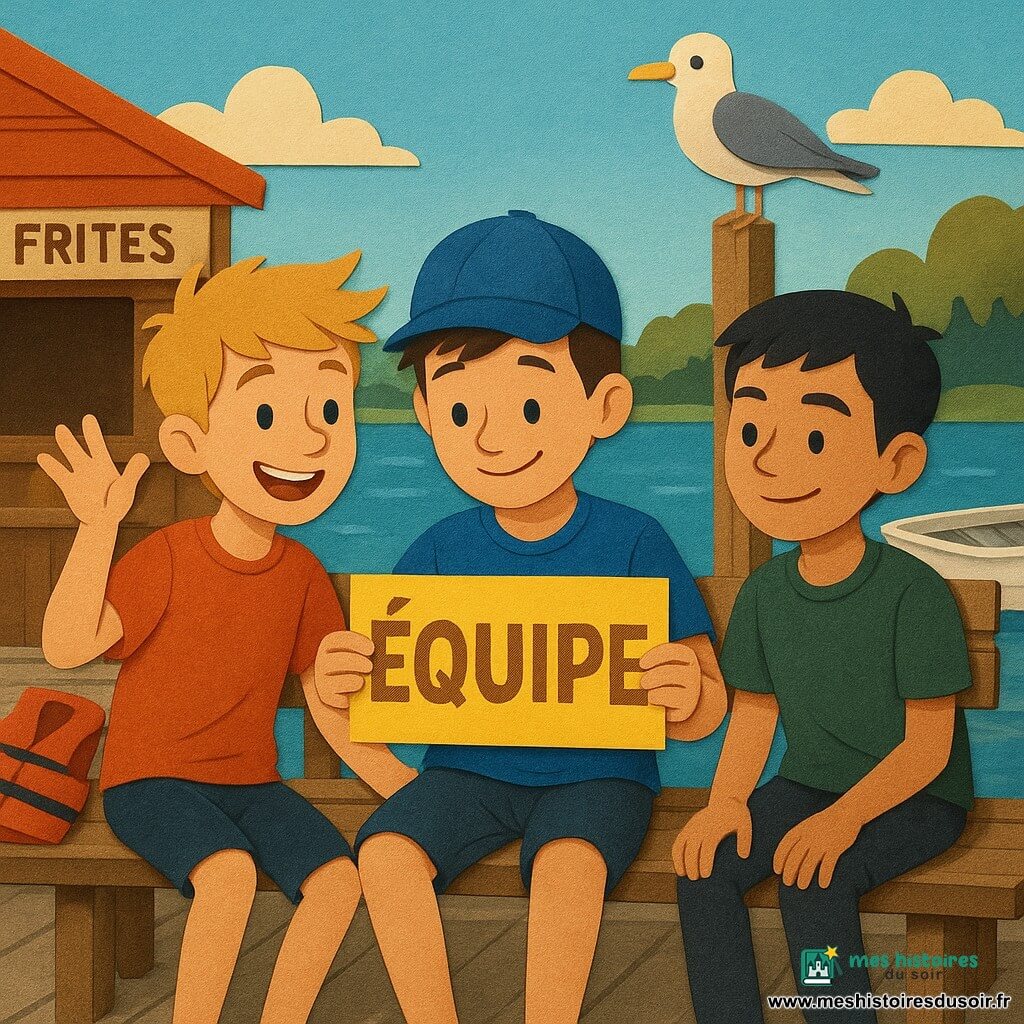 Trois garçons de 12 ans sur un vieux banc en bois au bord d’une rivière : Léo, casquette de travers et sourire timide, colle une grande feuille d’autocollants jaune «ÉQUIPE» sur le dossier ; Max, cheveux blonds en bataille, se penche à gauche en mimant un «coin coin» avec enthousiasme ; Yanis, cheveux courts noirs, à droite, observe en retenant un rire. Petit embarcadère usé avec kiosque «Frites», mouette perchée, panneau penché «Traversée en barque» et gilets rouges empilés ; ambiance joyeuse, couleurs chaudes, textures papier découpé, arrière-plan rivière calme et barque amarrée.