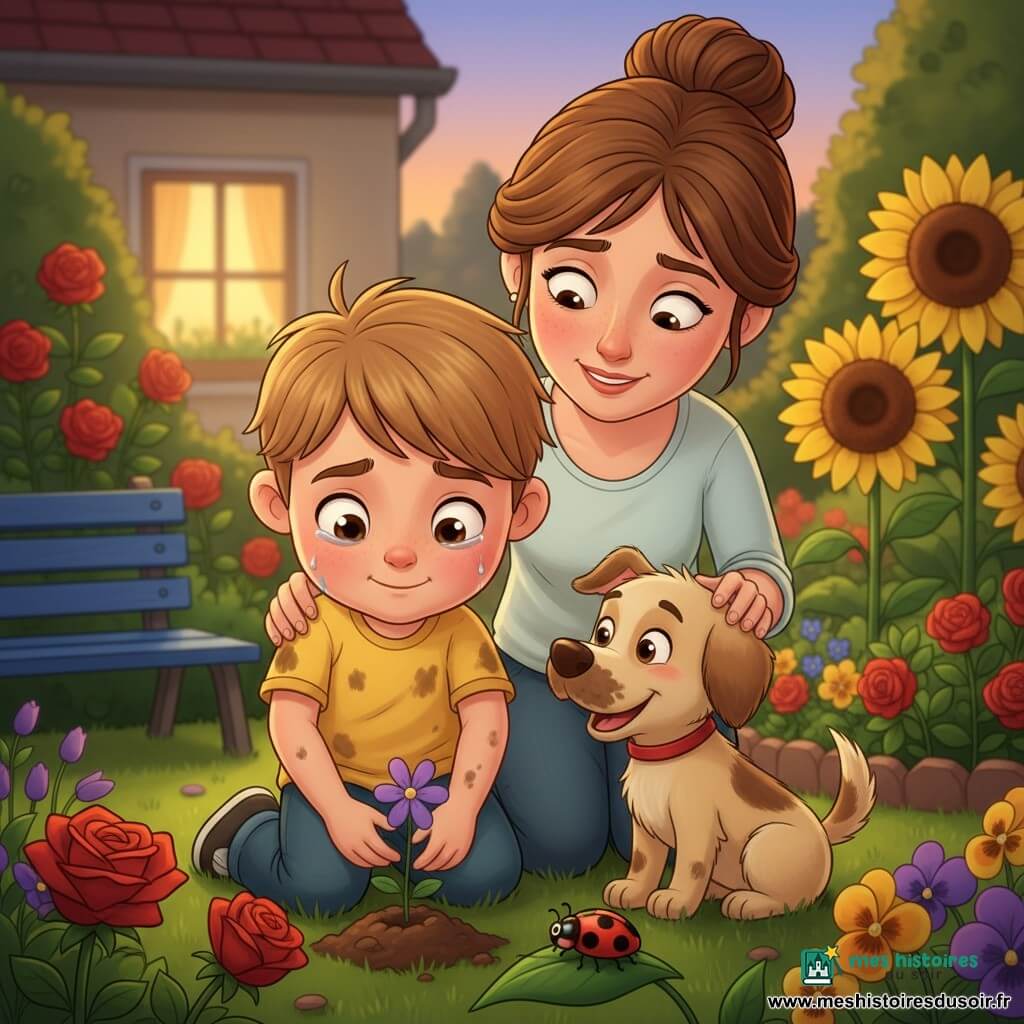 Garçon de 6 ans au visage rond, cheveux châtain clair courts, grands yeux brillants, expression triste mais pleine d'espoir (larmes séchées, petit sourire timide), accroupi en train de planter une petite fleur violette avec des mains potelées, jean et t-shirt jaune taché de terre ; la mère (~30 ans) aux cheveux bruns attachés en chignon, regard doux et un peu fatigué, mains sur ses épaules, debout derrière lui et souriant avec compassion ; petit chien Léon beige à la queue battante, assis à côté, museau sale et patte tendue ; coccinelle rouge à pois noirs sur une feuille près de la fleur ; jardin familial au crépuscule avec pelouse verte, massifs de fleurs vives (roses, tournesols, violettes), petit banc en bois bleu et maison en arrière-plan à la fenêtre éclairée ; moment intime et doux : il plante la fleur en mémoire d’une voisine disparue, ambiance chaude mais mélancolique, lumière dorée tamisée, composition centrée sur les mains qui plantent et les visages tournés l’un vers l’autre.