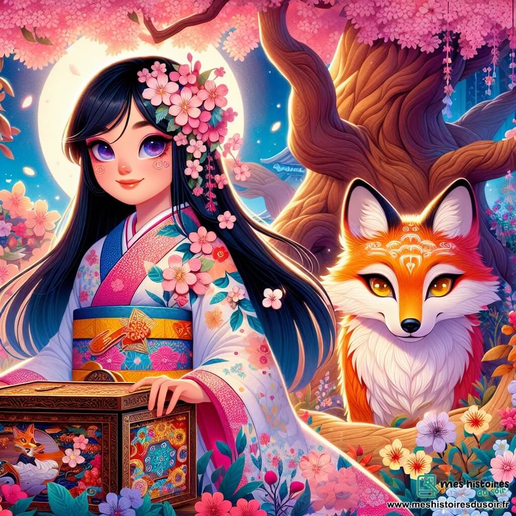 Au centre de l'image, Ayame, une femme d'une trentaine d'années, sourit avec douceur et détermination. Elle a de longs cheveux noirs ornés de fleurs de cerisier et porte un kimono traditionnel aux motifs floraux. Ses yeux brillent d'émerveillement en regardant un grand cerisier en fleurs devant elle. À côté d'elle, un vieil esprit renard, aux yeux dorés et au pelage brillant, est assis sur une pierre, affichant une expression sage. Le jardin enchanteur est baigné de lumière douce, avec des fleurs colorées dansant au vent. Ayame déterre une boîte en bois ornée de motifs célestes, tandis que le renard l'observe avec fierté, symbolisant le début d'une aventure extraordinaire.