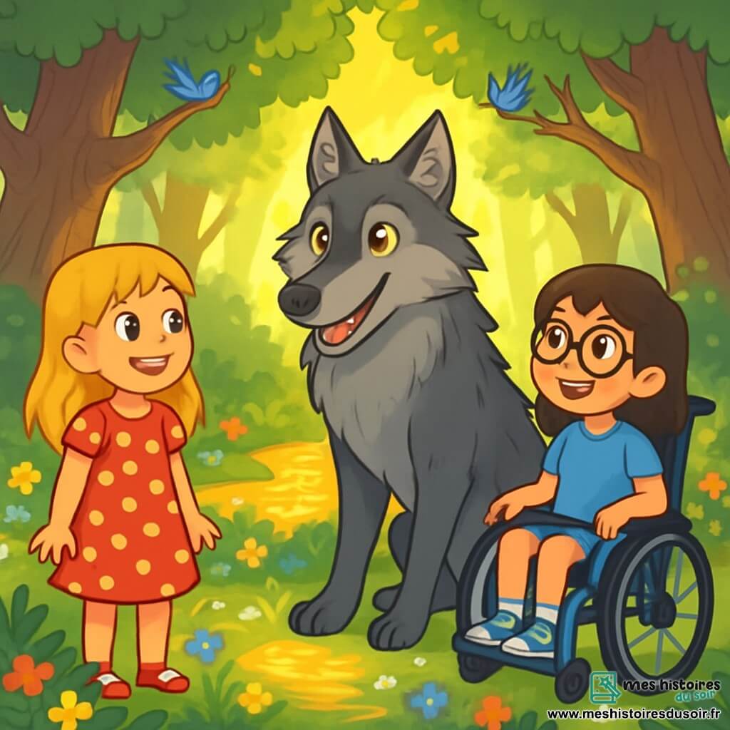 Il y a trois personnages : Élise, une fille de 10 ans aux cheveux blonds et à la robe rouge à pois blancs, souriante et pleine d'énergie à gauche ; Chloé, également âgée de 10 ans, avec des cheveux bruns et des lunettes rondes, assise dans son fauteuil roulant magique à droite, au regard déterminé ; et un grand loup gris au centre, sage et parlant aux filles. La scène se déroule dans une clairière enchantée de la Forêt des Murmures, entourée d'arbres majestueux et de fleurs colorées. Élise et Chloé écoutent émerveillées le Loup, tandis que le soleil filtre à travers les branches, créant une ambiance magique.