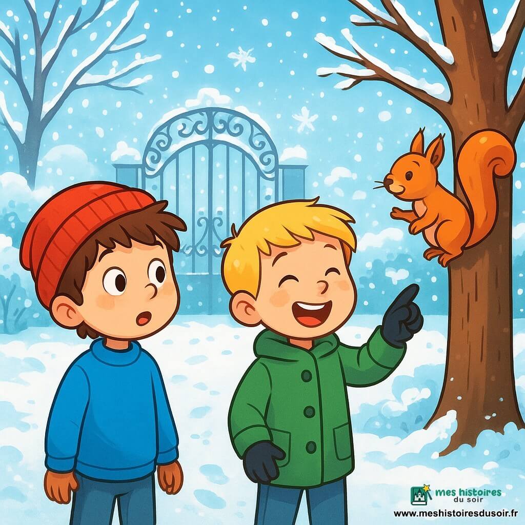Il y a deux personnages principaux : Tom, un garçon de 7 ans aux cheveux bruns en bataille, portant un pull bleu vif et un bonnet rouge, à gauche, émerveillé par le jardin enneigé ; et Hugo, également âgé de 7 ans, avec des cheveux blonds et des joues roses, vêtu d'un manteau vert et de gants noirs, à droite, riant en désignant un écureuil grimpant à un arbre. L'action se déroule dans un jardin d'hiver magique, couvert de neige scintillante, avec des arbres aux branches gelées brillantes et un vieux portail métallique en arrière-plan. Tom et Hugo explorent leur jardin, laissant des traces dans la neige fraîche, tandis qu'un écureuil les observe, leurs visages rayonnant de joie et d'excitation.