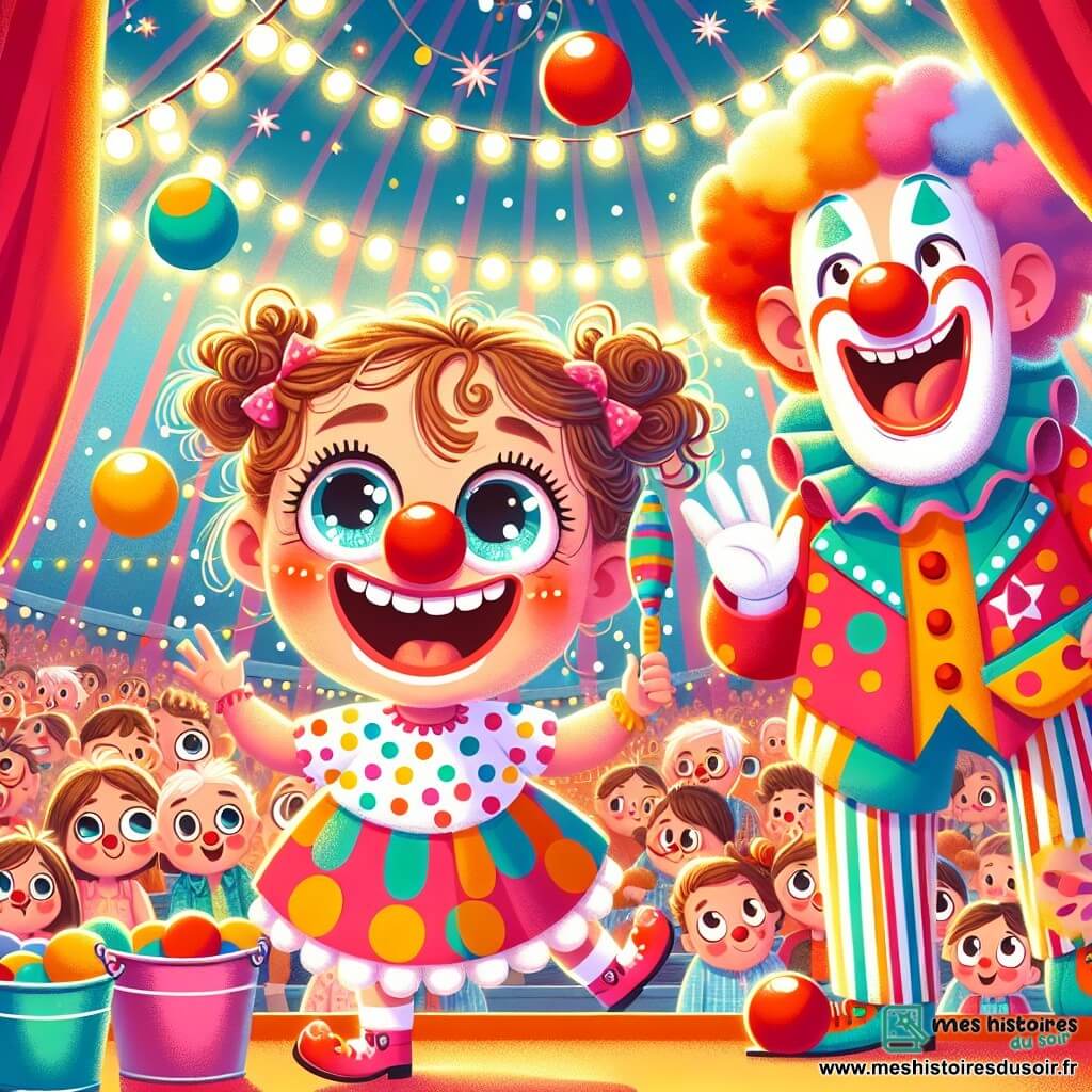 Une petite fille de 4 ans, Lily, avec de grands yeux et des cheveux bouclés, porte une robe à pois. Elle rit en tenant un nez de clown et prête à jongler avec des balles multicolores. À ses côtés, Bobo, un clown d'environ 30 ans au visage peint en blanc et au grand nez rouge, jongle en faisant des grimaces. Ils sont au centre d'un chapiteau de cirque décoré, entourés de spectateurs émerveillés. Lily, joyeuse, essaie de jongler sous le regard amusé de Bobo, tandis qu'un seau d'eau est renversé à côté d'eux, ajoutant une touche comique à ce moment.