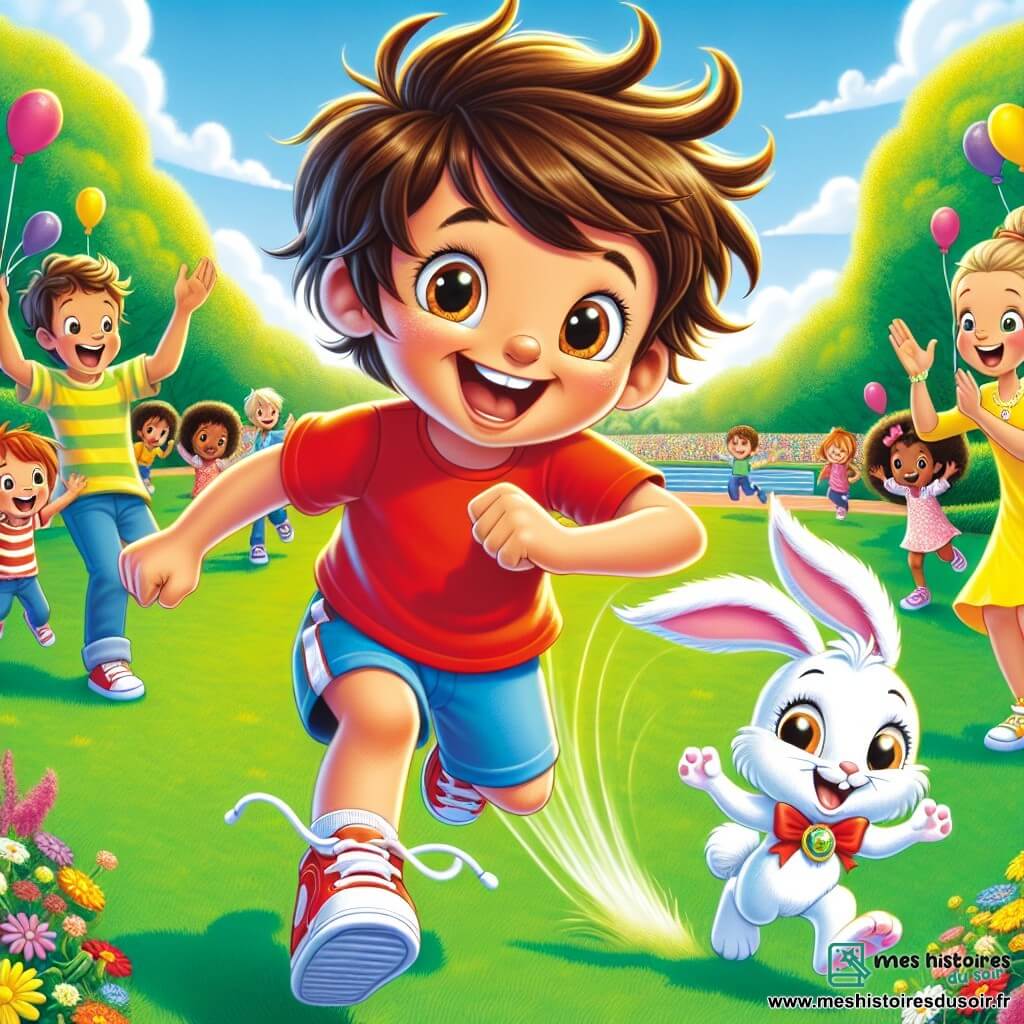 Lucas, un petit garçon de 4 ans avec des cheveux bruns en bataille et un grand sourire, court sur une pelouse verte, les bras ouverts comme s'il volait. Il porte un t-shirt rouge et un short bleu, ses yeux brillants d'excitation. À ses côtés, Floppy, un petit lapin magique à la fourrure blanche, saute joyeusement. En arrière-plan, des enfants, dont une fillette de 5 ans avec des nattes et une robe jaune, applaudissent et sourient pour encourager Lucas. Le parc ensoleillé est rempli de fleurs colorées, d'arbres verdoyants et de ballons dans le ciel bleu. La scène illustre la joie du sport et de l'amitié lors d'une compétition d'athlétisme.