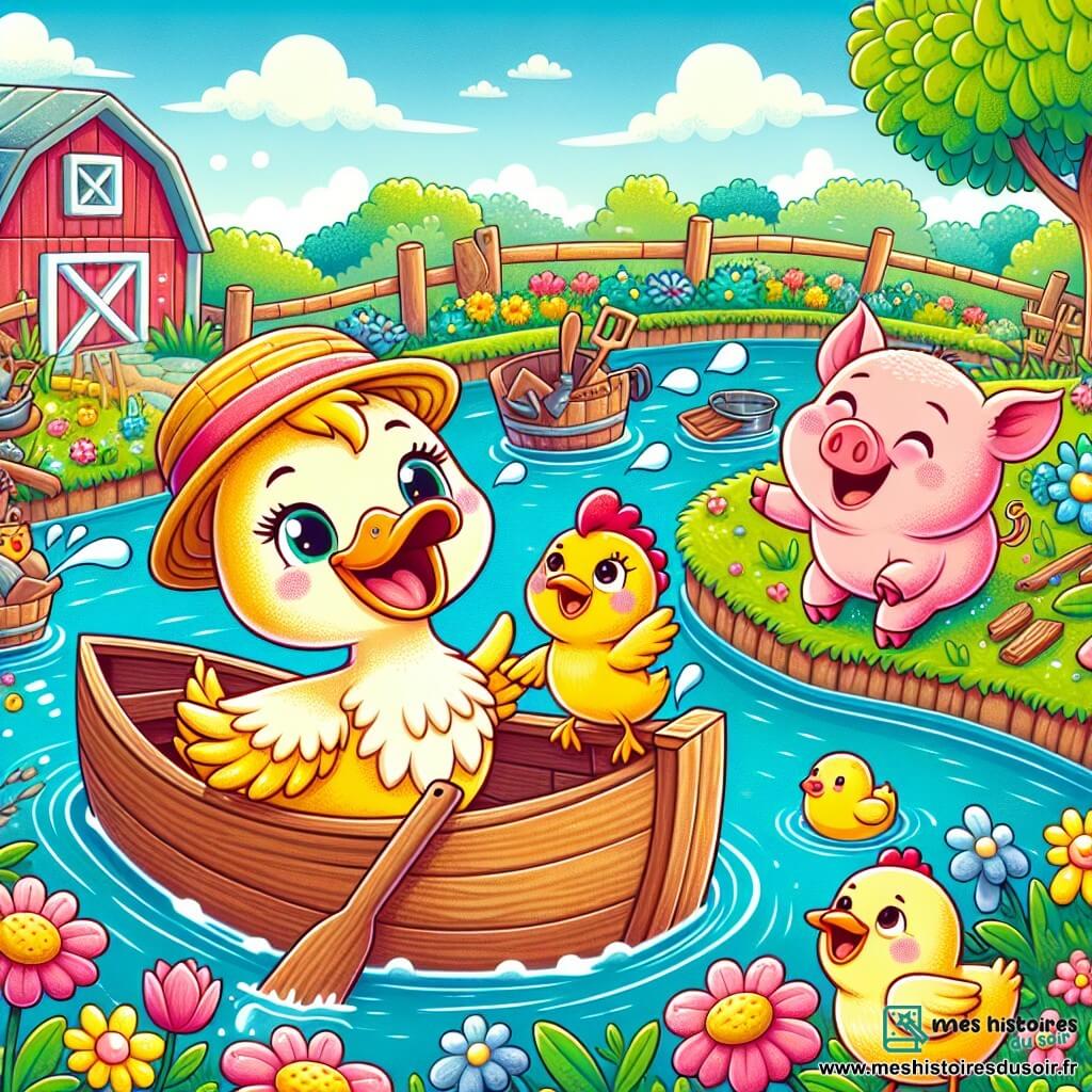 Un canard nommé Coco, avec un plumage jaune et un chapeau de paille, nage dans un étang avec un sourire curieux. À ses côtés, une poule rousse nommée Cléa chante en battant des ailes, tandis qu'un cochon rose nommé Pipo rit sur la berge. En arrière-plan, un jardin de ferme coloré avec des fleurs, des outils en bois et une grange rouge se trouve sous un ciel bleu. La scène montre Coco et ses amis s'amusant autour de leur bateau fait maison, créant des éclaboussures joyeuses.