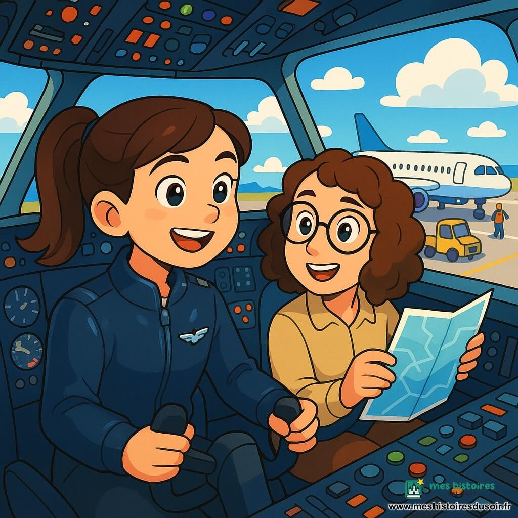 Une jeune femme pilote, Anna, est assise dans le cockpit d'un avion, les yeux brillants d'excitation. Elle porte une veste bleu nuit avec un badge scintillant. Ses cheveux bruns sont en queue de cheval, et elle sourit, prête à décoller. À ses côtés, Léa, sa copilote d'environ 30 ans avec des lunettes rondes et des cheveux châtains bouclés, consulte une carte de vol, concentrée et enthousiaste. Le cockpit est rempli de boutons colorés et d'instruments lumineux, avec une vue spectaculaire sur le ciel. Anna et Léa préparent le vol, vérifiant les instruments et échangeant des sourires complices, prêtes à s'envoler vers de nouvelles destinations.