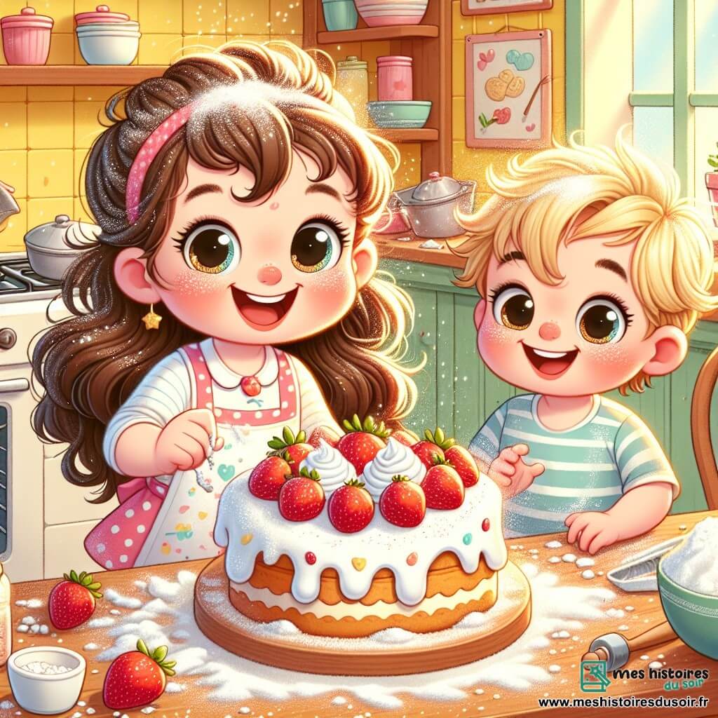 Céline, une petite fille de 4 ans aux grands yeux pétillants et aux cheveux bruns bouclés, se tient dans une cuisine en désordre pleine de farine et de paillettes. Avec un grand sourire, elle tient un gâteau décoré de crème chantilly et de fraises. À ses côtés, son petit frère Tom, âgé de 2 ans, aux cheveux blonds et joues rondes, admire le gâteau, les mains pleines de farine. La cuisine, chaleureuse avec des murs jaunes, est chargée d'ingrédients de pâtisserie, et un four ouvert diffuse une odeur délicieuse. Céline et Tom préparent une surprise pour leur maman à l'occasion de la fête des mères, entourés d'un joyeux désordre symbolisant leur amour et leur innocence.