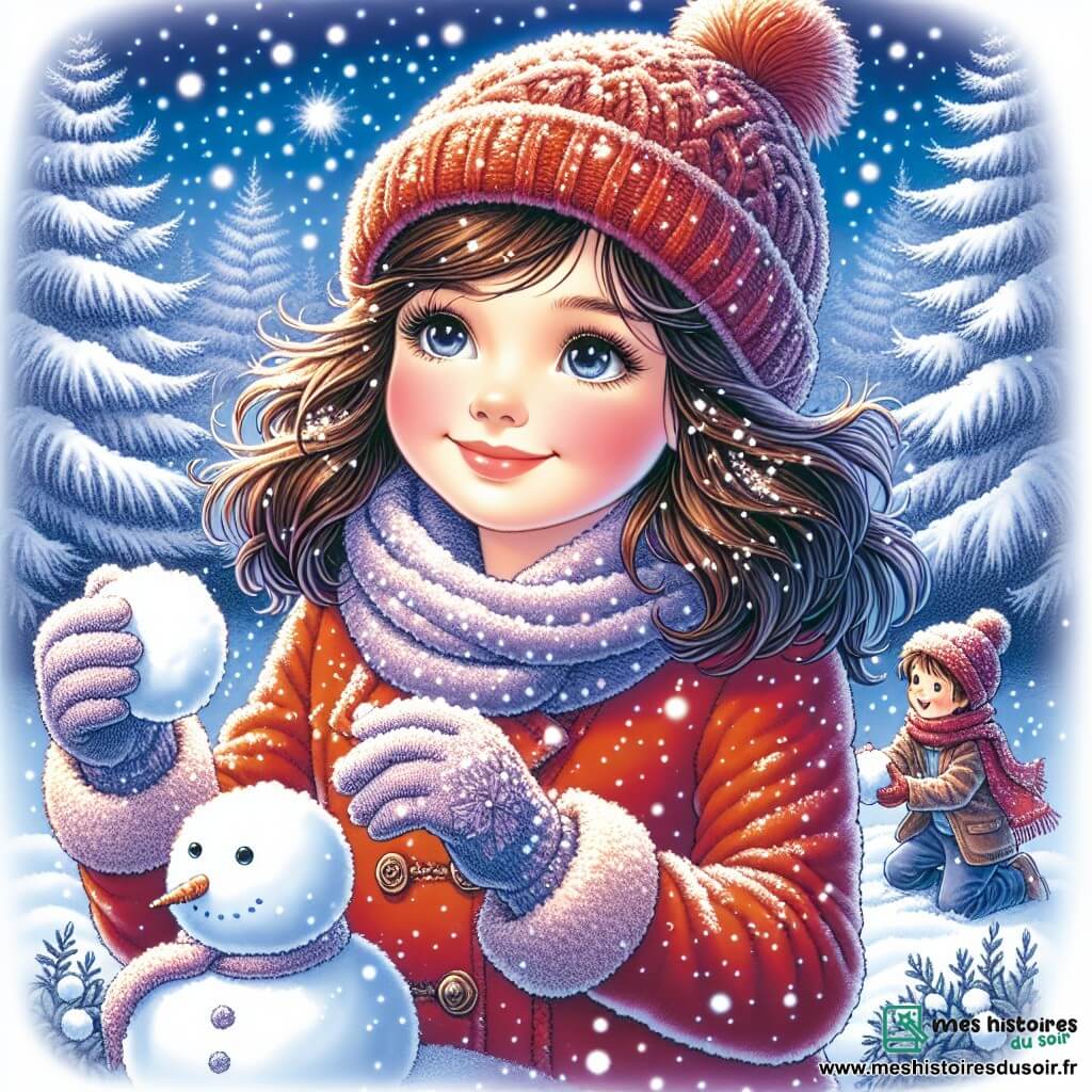 Clara, une fille de 11 ans, se tient au centre de la scène, avec des joues roses et des yeux pétillants de joie. Elle porte un manteau rouge vif, un bonnet en laine tricoté et des gants assortis, souriant largement, émerveillée par la neige qui tombe autour d'elle. Elle construit un bonhomme de neige, les mains pleines de neige, avec un éclat de magie dans le regard. À côté, son frère de 13 ans, Thomas, ramasse une boule de neige à lancer, avec un sourire malicieux et une écharpe bleue flottant au vent. La scène se déroule dans un jardin enneigé, avec des sapins majestueux en arrière-plan. Clara et Thomas s'amusent ensemble, entourés de neige, capturant l'esprit joyeux de cette journée d'hiver.
