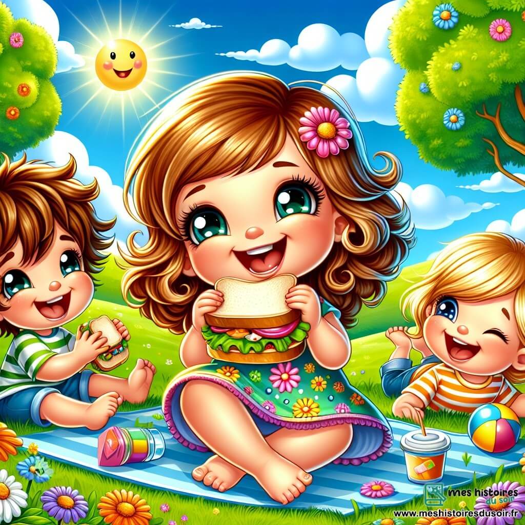 Léa, une petite fille de 2 ans aux grands yeux brillants et aux cheveux bouclés, porte une robe colorée à fleurs. Elle est assise sur l'herbe verte, souriante, tenant un sandwich. À côté d'elle, Max, un garçon de 3 ans aux cheveux blonds en bataille et en t-shirt rayé, rit en lançant un ballon coloré. Lila, une fille de 2 ans avec des cheveux bruns et une barrette, est allongée sur le dos, émerveillée par les nuages. Le parc est rempli de fleurs éclatantes, de grands arbres et d'un ciel bleu avec quelques nuages blancs. Les rayons du soleil illuminent la scène, créant une ambiance joyeuse. Léa et ses amis pique-niquent sur l'herbe, entourés de rires et de jeux, savourant leur repas tout en profitant de l'été.
