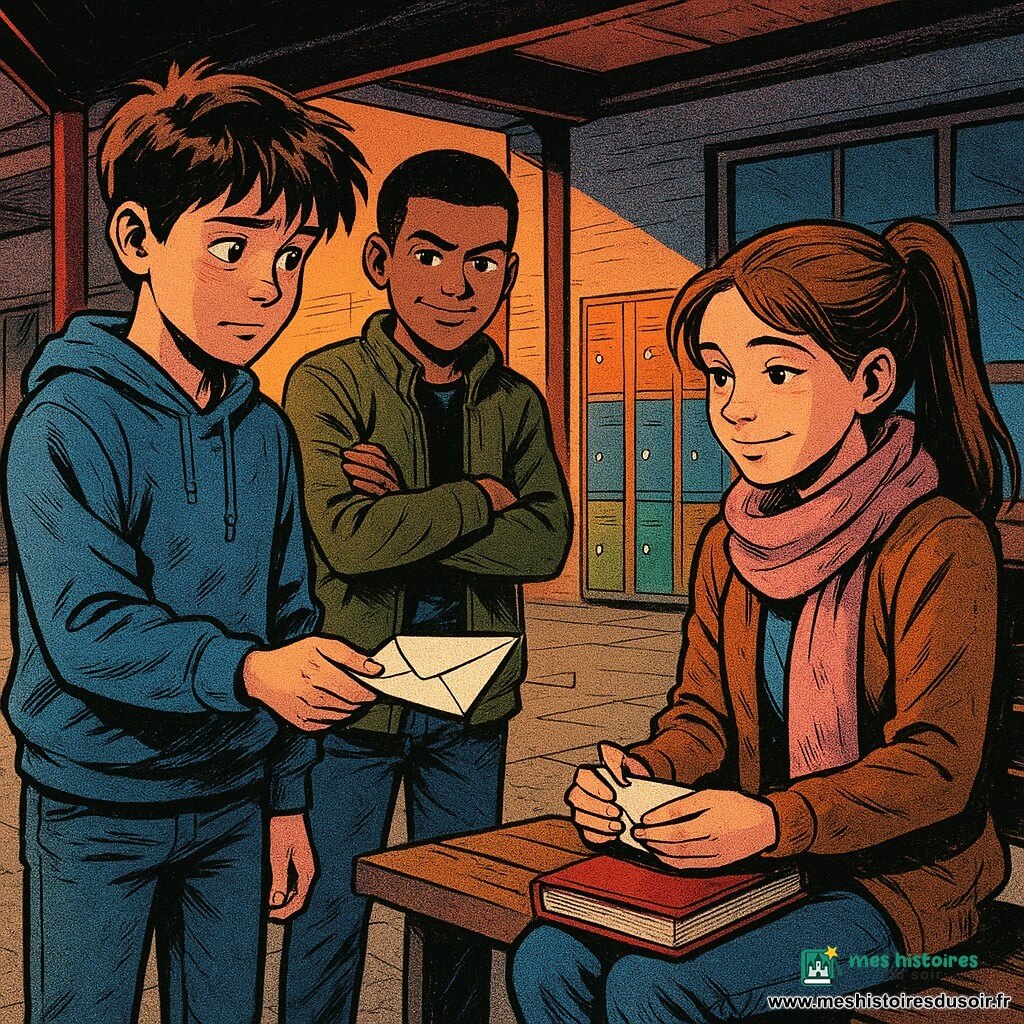 Trois enfants de 12 ans dans une cour d'école au crépuscule : Nolan, garçon aux cheveux bruns en bataille et yeux noisette, sweat bleu délavé et jean, à gauche, tient une petite enveloppe blanche qu'il tend timidement mais avec détermination vers Lila ; Sami, garçon aux cheveux noirs courts, veste kaki, se tient juste derrière et à droite de Nolan, bras croisés, sourire en coin, posture complice et protectrice ; Lila, fille aux longs cheveux châtains en queue de cheval, écharpe rose pâle, assise sur un banc à droite avec un livre fermé sur les genoux, sourit doucement en tenant l’enveloppe ouverte. Décor : cour d'école pavée de dalles grises, préau aux piliers rouges, boîte à messages décorée posée sur une table en bois près du banc, casiers colorés et grande fenêtre de couloir en arrière-plan, lumière orangée du soir projetant de longues ombres. Scène douce et respectueuse, style comics américain aux contours nets, couleurs saturées et texture papier visible sur l’enveloppe.