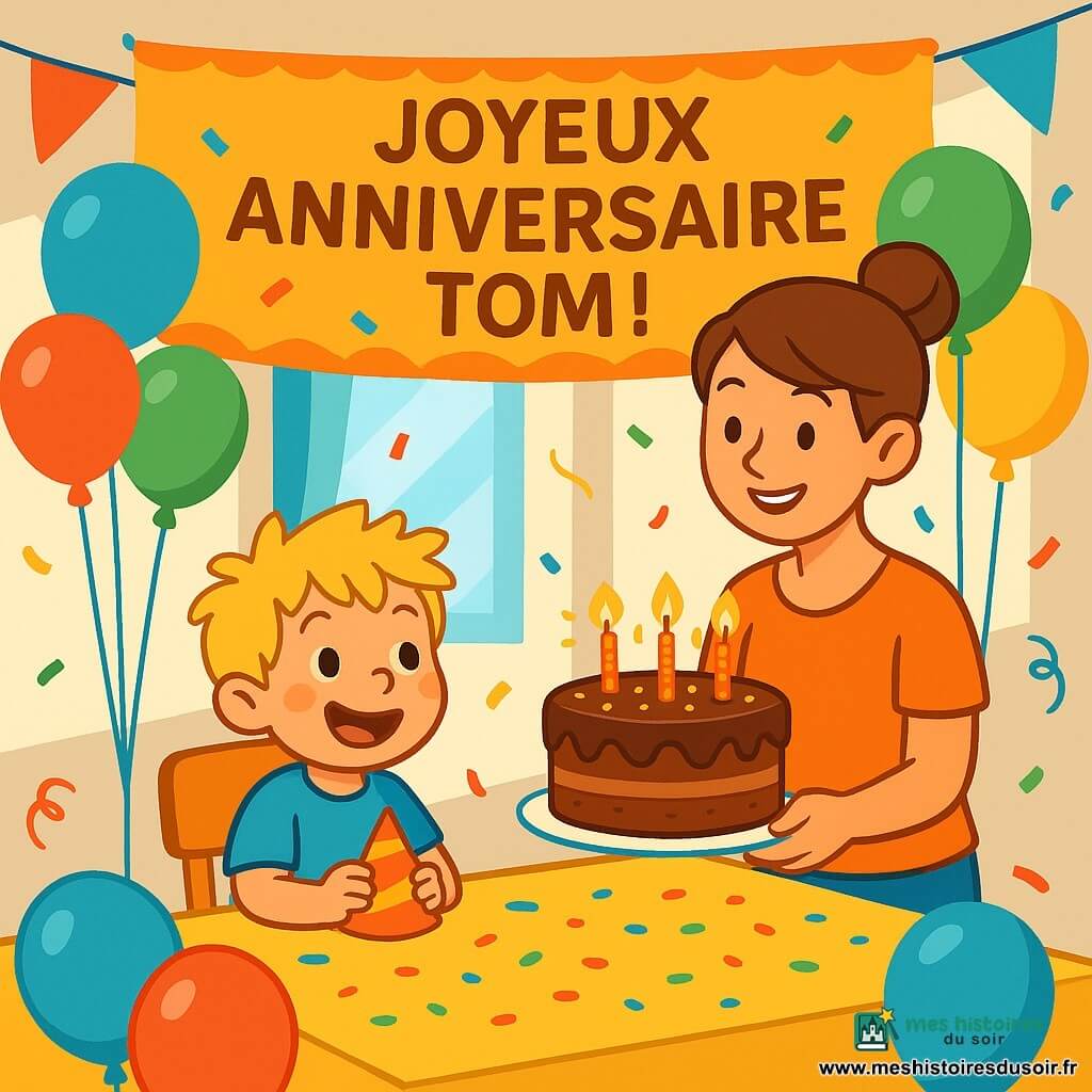 Un petit garçon de 4 ans, aux cheveux blonds ébouriffés et au grand sourire, est assis à une table décorée de ballons colorés, tenant un chapeau de fête. Sa maman, souriante, se tient à côté de lui avec un énorme gâteau au chocolat décoré de bougies scintillantes. La salle de fête est lumineuse, remplie de ballons, de guirlandes et d'une affiche "Joyeux Anniversaire Tom !" Des confettis sont éparpillés sur la table. Tom est entouré de ses amis qui chantent "Joyeux Anniversaire" alors qu'il s'apprête à souffler ses bougies, le visage rayonnant de joie.