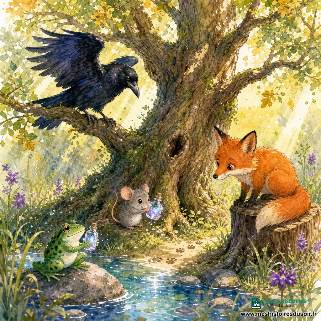 Un corbeau noir lustré perché sur une branche, une petite souris grise au pied du chêne, un renard roux accroupi près d'une souche et une grenouille verte tenant un flacon, autour d'un grand chêne ancien aux racines noueuses près de la Source des Rêves — une mare cristalline entourée d'herbes et de fleurs mauves — scène chaleureuse et pleine d'espoir aux tons aquarelle doux, lumière dorée filtrée et détails scintillants évoquant l'élixir destiné à sauver l'arbre.