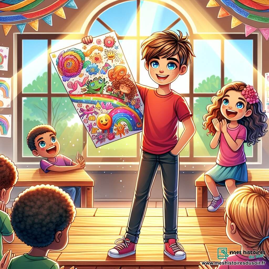Lucas, un garçon de 12 ans aux cheveux bruns et aux yeux bleus, se tient sur une scène en bois avec un grand sourire. Il porte un t-shirt rouge vif et un jean, tenant un poster coloré de ses dessins. À ses côtés, Clara, sa voisine de 12 ans aux cheveux bouclés, l'encourage avec enthousiasme. Le décor est une salle de classe animée, décorée de guirlandes et de dessins, où des camarades admirent Lucas. La lumière du soleil crée une atmosphère chaleureuse. Lucas, confiant, partage fièrement ses créations artistiques, tandis que l'excitation règne.