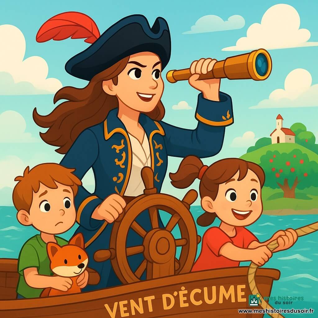 La capitaine Mira, femme pirate déterminée aux longs cheveux ondulés, se tient à la barre du Vent d'Écume, portant un chapeau noir avec une plume rouge et une veste bleue brodée. À ses côtés, Lila, une fillette de 8 ans aux couettes et sourire malicieux, tire sur une corde avec joie, tandis que Nino, un garçon de 6 ans, serre une peluche en forme de renard, affichant une légère inquiétude mêlée de curiosité. Le Vent d'Écume navigue sur une mer calme, entourée de brume, avec des vagues scintillantes sous le soleil. En arrière-plan, une île verdoyante avec des pommiers chargés de fruits rouges et une chapelle blanche. Mira scrute l'horizon avec une longue-vue, tandis que l'équipage s'affaire autour d'elle, prêt pour une nouvelle aventure.