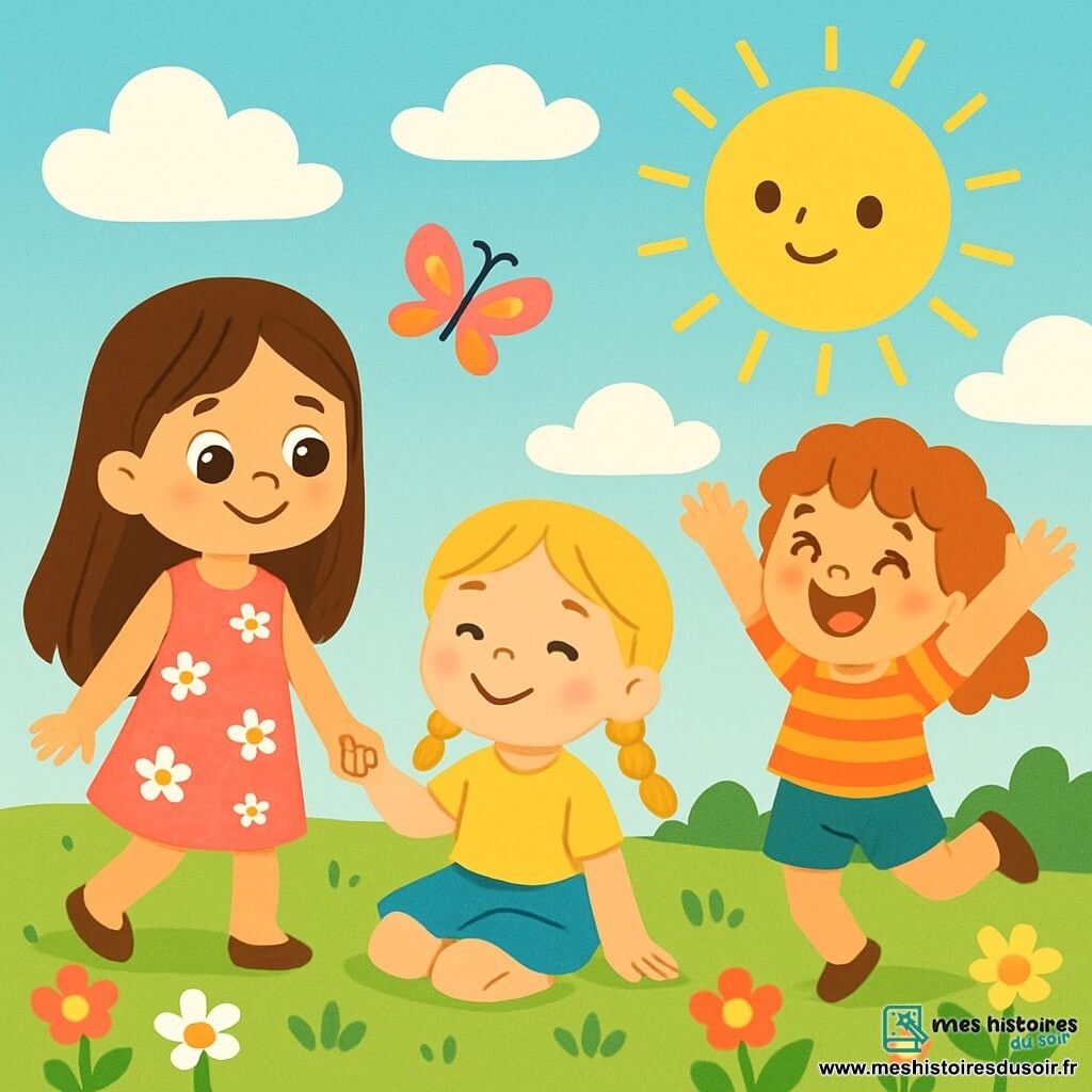 Il y a trois personnages : Zoé, une fille de 6 ans aux longs cheveux bruns, portant une robe rose avec des fleurs blanches et tenant la main de Mila ; Mila, une fille de 5 ans avec des cheveux blonds en tresses, souriante, portant un t-shirt jaune et une jupe bleue, assise dans l'herbe, les yeux fermés au soleil ; et Emma, une fille de 6 ans aux cheveux bouclés, en short vert et t-shirt à rayures, sautant joyeusement. Elles se trouvent dans un champ verdoyant, avec des fleurs colorées et un ciel bleu parsemé de nuages blancs. Les trois amies rient ensemble, entourées de la nature, sous l'observation douce de la Lune.