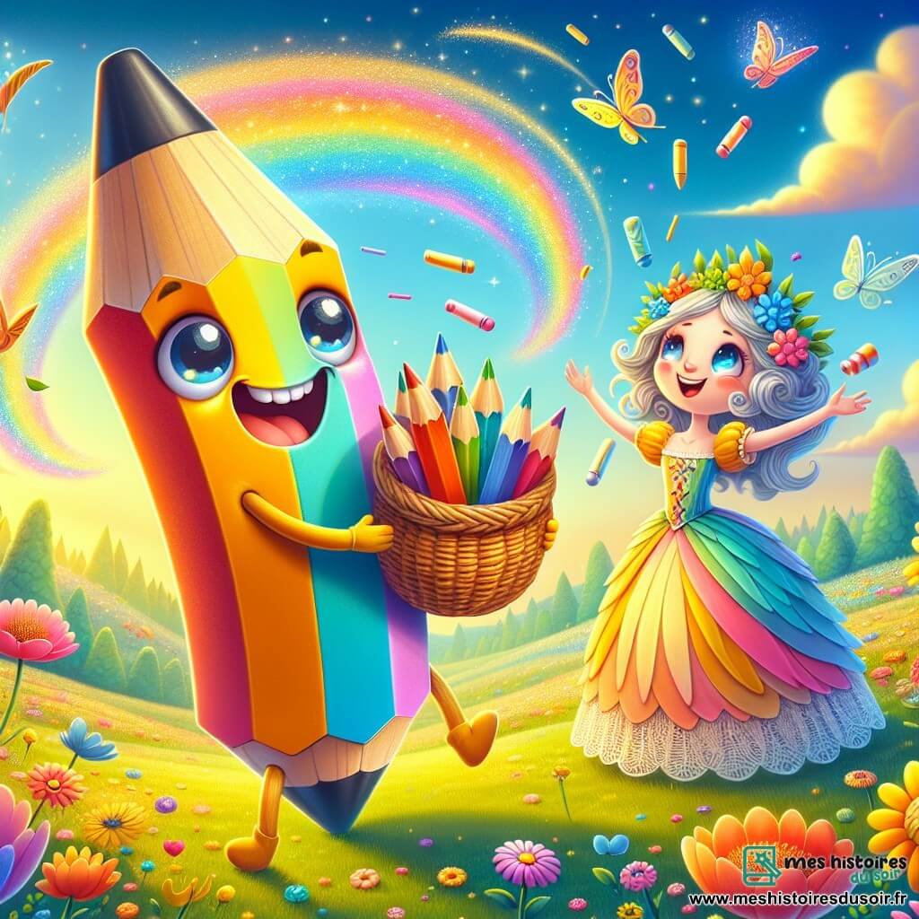 Un petit crayon joyeux nommé Cracrayon, avec des rayures de rouge, bleu et jaune, sourit en tenant un panier en osier rempli de cartes colorées. Ses yeux pétillent d'excitation, prêt à envoyer ses créations dans le vent magique. À ses côtés, Madame Canopapier, une maman avec une robe en papier pastel et des cheveux en forme de feuilles, le regarde avec tendresse, fière de lui. La scène se déroule dans le Champ des Brises Enchantées, un espace verdoyant parsemé de fleurs et de nuages dans un ciel bleu clair, baigné de lumière dorée. Cracrayon lance ses cartes dans les airs, les laissant s'envoler vers leurs destinataires, remplissant l'air de joie pour la fête des mères.