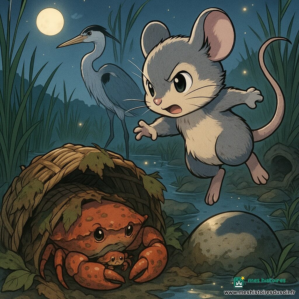 Lili, petite souris grise et beige aux yeux brillants et au museau rose, bondit sur une pierre pour attirer l'attention tandis que Crik, crabe adulte à la carapace rouge boueuse, cache délicatement un tout petit crabe sous un panier d'osier partiellement recouvert de feuilles; un héron élancé au plumage gris et blanc, bec jaune, observe Lili sans voir le panier, le tout sur la rive nocturne d'un étang éclairé par la lune et des lucioles, roseaux frémissants et pierres humides, atmosphère à la fois tendre et tendue.