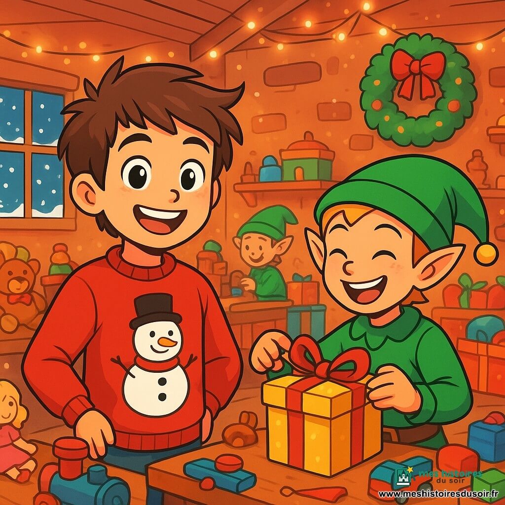 Lucas, un garçon de 10 ans aux cheveux bruns en bataille et aux yeux pétillants, porte un pull rouge avec un bonhomme de neige dans l'atelier du père Noël. Il est entouré de jouets colorés et sourit largement. À ses côtés, Félix, un petit elfe de 8 ans avec des oreilles pointues et un chapeau vert, emballe des cadeaux en riant. L'atelier est chaleureux, avec des murs en pain d'épices, des guirlandes scintillantes et des lutins s'activant autour de tables chargées de jouets. Lucas et Félix préparent les derniers cadeaux pour Noël, créant une atmosphère magique et joyeuse.