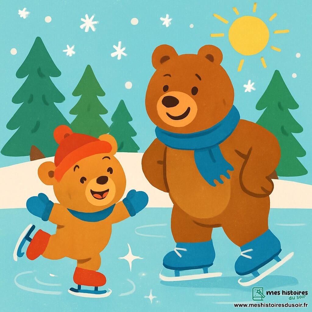 Petit Ours, un ours en peluche doux et rond, patine joyeusement sur une glace scintillante, souriant avec des yeux pétillants. Il porte un bonnet rouge et des gants bleus. Ours Champion, un grand ours musclé au pelage brun brillant, l'encourage avec un sourire bienveillant, portant un foulard bleu et des patins étincelants. La scène se déroule sur un lac gelé entouré de sapins et de flocons de neige, sous un ciel bleu clair. Petit Ours glisse avec enthousiasme, tandis qu'Ours Champion l'observe, prêt à lui donner des conseils.