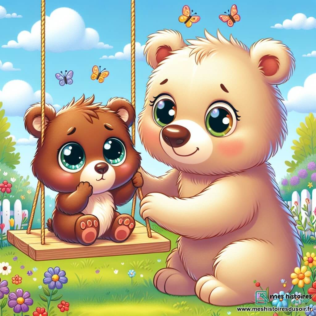 Un petit ourson brun aux grands yeux ronds et brillants, hésitant mais curieux, se tient sur une balançoire en bois, ses petites pattes touchant le siège. À côté, sa maman ourse douce et protectrice, au pelage crème, l'encourage en tenant fermement la balançoire. Le jardin est rempli de fleurs colorées et de papillons, sous un ciel bleu avec des nuages blancs. La balançoire est entourée d'herbe verte, créant une ambiance joyeuse. Le petit ourson, bien que nerveux, commence à sourire en découvrant le plaisir de se balancer, illustrant le thème de surmonter ses peurs.