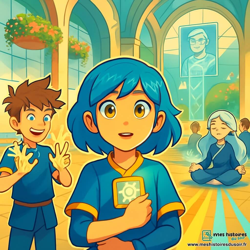Photonia, une fille de onze ans, se trouve au centre d'une grande salle de l'Académie des Héros Lumineux. Elle a des cheveux bleus éclatants, des yeux dorés brillants d'excitation et d'appréhension, et serre son badge d'élève contre sa poitrine. À sa droite, Voltix, un garçon de douze ans, joue avec des étincelles d'électricité, tandis que Givrelle, une autre élève de onze ans, médite, entourée d'une brume glacée. La salle, immense, est éclairée par des murs de verre et des jardins suspendus. Photonia, hésitante mais déterminée, fait face à un message d'urgence alors que trois chemins lumineux s'ouvrent devant elle, attirant l'attention des autres élèves qui se regroupent autour d'elle pour choisir leur destin.