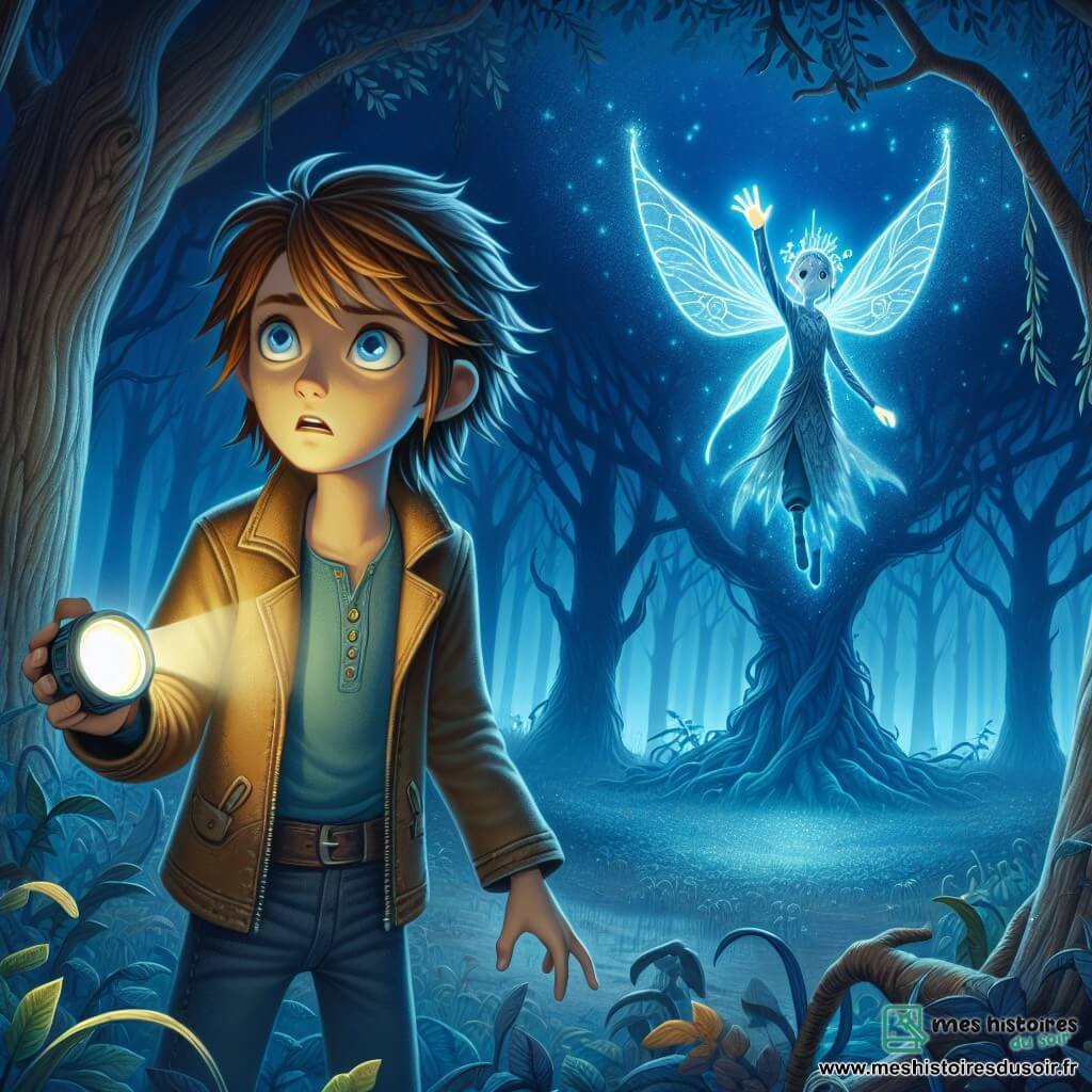 Axel, un garçon de douze ans aux cheveux châtains en bataille et aux yeux curieux, se tient dans une clairière avec une lampe de poche. Son visage montre peur et détermination alors qu'il scrute l'obscurité. À ses côtés, Lysia, une créature féerique aux ailes scintillantes, flotte légèrement et l'encourage avec bienveillance. La scène se déroule dans une forêt dense, où des arbres tortueux se dressent et où la lumière de la lune crée des ombres dansantes. Une lueur bleutée émane d'un arbre colossal, illuminant le visage d'Axel et révélant des silhouettes sombres. Axel avance vers l'arbre lumineux, défiant les ombres menaçantes aux yeux rouges qui s'approchent lentement, créant une tension palpable.