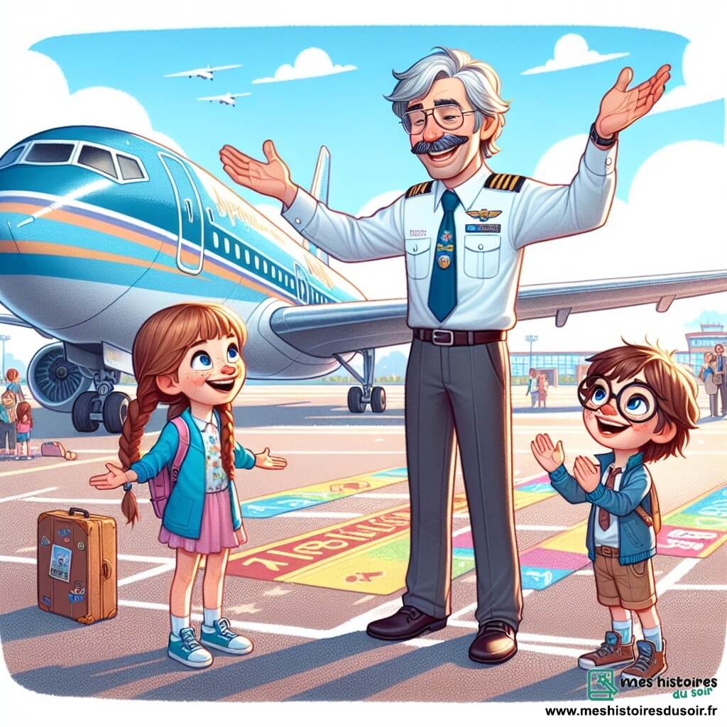 Monsieur Pierre, un homme d'une cinquantaine d'années avec des cheveux grisonnants et une moustache souriante, porte un uniforme bleu éclatant et des lunettes de soleil. Il se tient à côté de son grand avion, les bras ouverts, rayonnant de joie alors qu'il s'apprête à faire monter des enfants à bord. Clara, une petite fille de 7 ans avec de longs cheveux bruns tressés, et Lucas, un garçon de 8 ans avec des lunettes et des taches de rousseur, sont impatients et souriants. L'aéroport est ensoleillé avec un ciel bleu clair et l'avion coloré est garé sur le tarmac. Monsieur Pierre explique aux enfants comment il va les emmener dans les nuages, remplis d'excitation et de rêves d'aventure.
