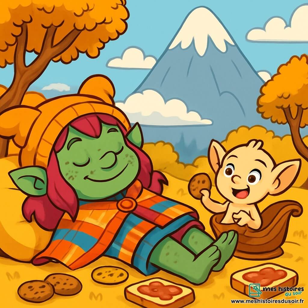 Guguphine, une petite trollinette aux cheveux couleur betterave et à la peau verte tachetée, est allongée sur un coussin moelleux, les yeux mi-clos et un sourire rêveur. Elle porte une cape de laine colorée et une casquette à oreilles, entourée de biscuits et de tartines de confiture. À côté d'elle, Ninou, une petite créature aux oreilles pointues et aux yeux pétillants, est assise sur un traîneau en forme de coquille, enthousiaste et tenant un biscuit. En arrière-plan, la montagne du Pouf-géant se dresse majestueusement, entourée d'arbres aux troncs tordus et aux feuilles dorées. La scène dégage une atmosphère joyeuse et chaleureuse, pleine d'excitation pour une aventure à venir.
