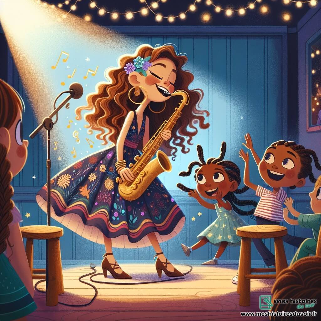 Clara, une jeune femme aux longs cheveux bouclés et au sourire éclatant, joue passionnément du saxophone sur scène, ses yeux brillants de joie. Elle porte une robe colorée qui danse au rythme de la musique, créant une atmosphère magique. Plusieurs enfants sont présents : Lucas, un garçon de huit ans avec des lunettes rondes, applaudit émerveillé, tandis qu'une petite fille aux cheveux tressés danse avec entrain. Le lieu, le « Rythme Enchanté », est un club de jazz chaleureux aux murs bleu nuit ornés d'étoiles dorées. Clara joue une mélodie entraînante, entourée des enfants qui dansent et rient, remplissant la salle de joie et de musique.