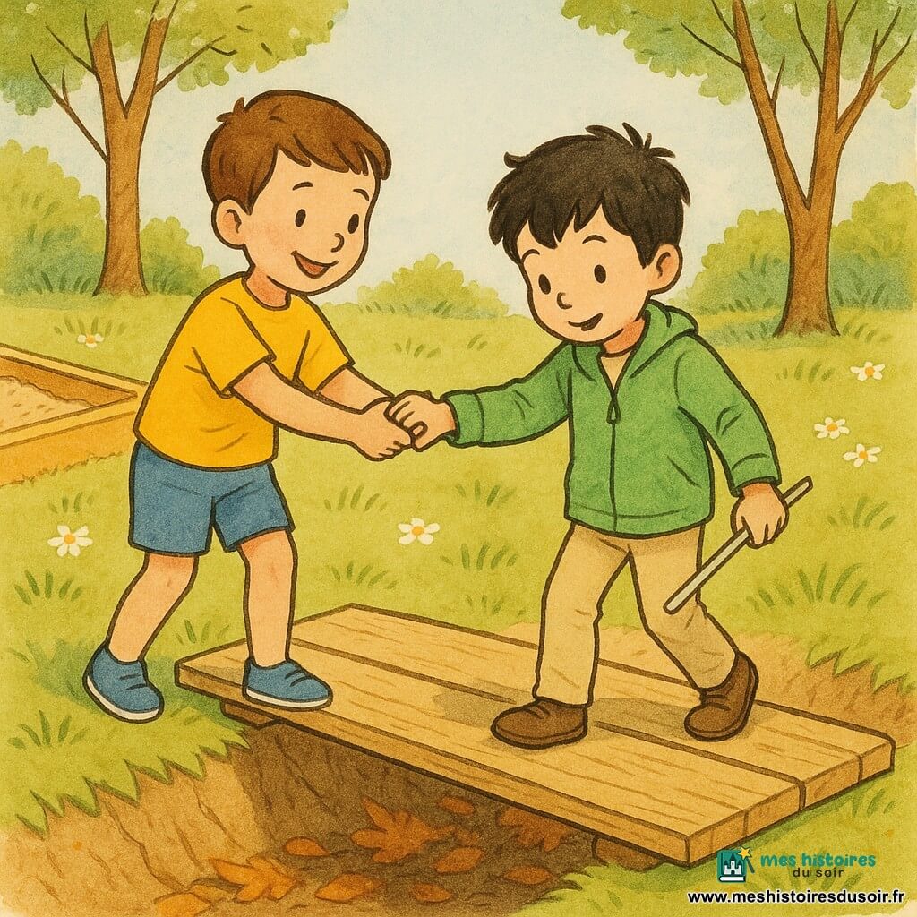 Léo, environ 6 ans, cheveux bruns courts, t-shirt jaune et short bleu, se tient à gauche du petit pont en bois en souriant et tend la main pour aider Sami ; Sami, aussi vers 6 ans, cheveux noirs en bataille, tient un petit bâton blanc dans la main droite, porte une veste verte claire et un pantalon beige et avance prudemment au milieu du pont en posant les pieds lentement pendant que Léo le soutient ; le décor est un petit parc ensoleillé avec herbe parsemée de pâquerettes, un bac à sable à gauche, un pont en planches au-dessus d’un fossé peu profond rempli de feuilles, arbres aux troncs fins et ciel bleu pâle ; ambiance douce et chaleureuse, gestes d’entraide, visages lumineux et contours nets adaptés aux enfants.