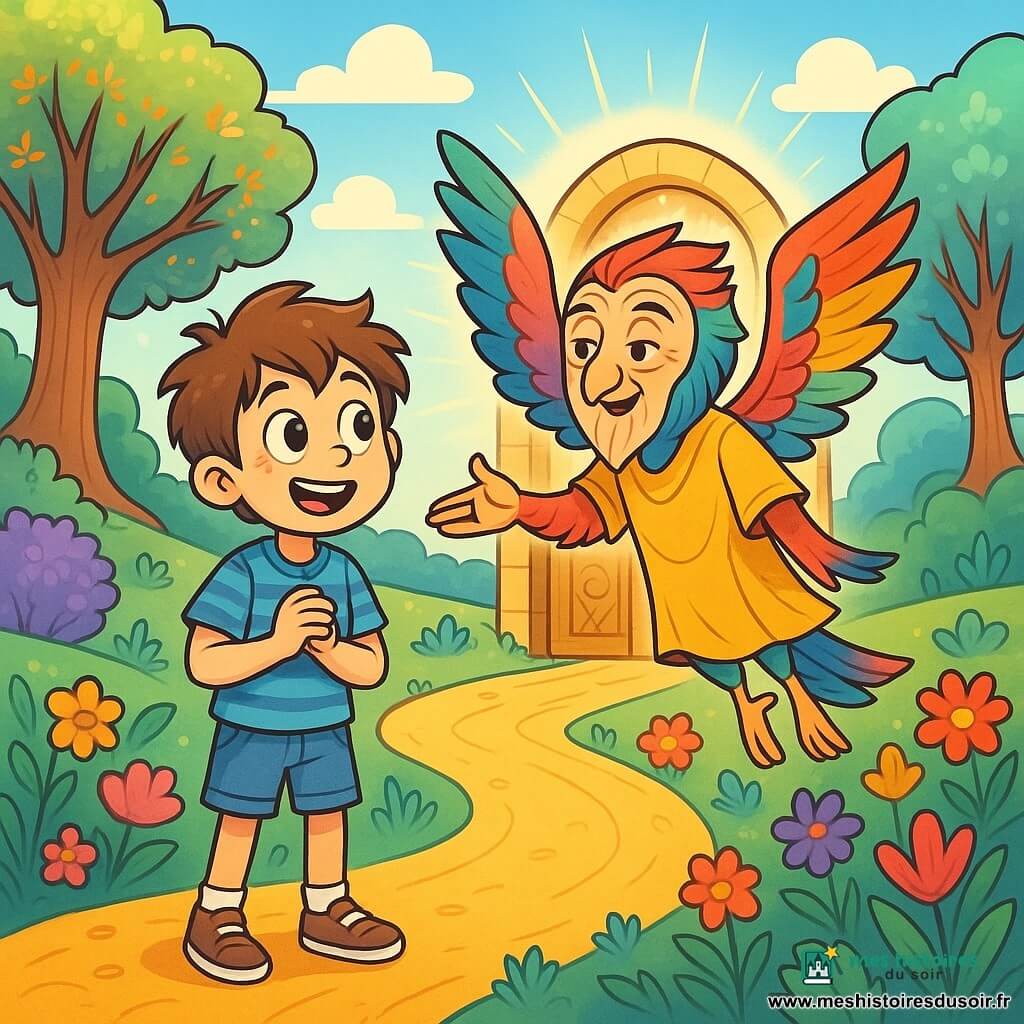 Un garçon de 10 ans, Léo, se tient au centre de l'image, avec des cheveux bruns en désordre et des yeux curieux. Il porte une chemise bleue à rayures et un short en jean, souriant en découvrant un monde magique. À ses côtés, le Gardien des Secrets, une créature mi-oiseau mi-homme, flotte légèrement, vêtu d'une tunique dorée, montrant le chemin à Léo avec un geste accueillant. Le décor est un royaume enchanteur, avec des arbres aux feuilles scintillantes, un chemin doré et un ciel bleu. En arrière-plan, une grande porte en bois sculpté symbolise l'entrée vers la Vérité. Léo, émerveillé, regarde la porte mystérieuse, tandis que le Gardien l'encourage à poser sa question. L'atmosphère est magique et pleine d'espoir, capturant une quête de sagesse et de découverte.