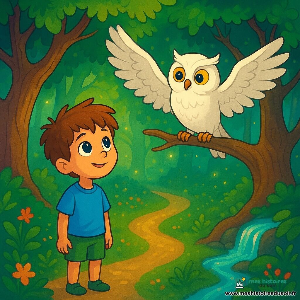 Un petit garçon de 8 ans, Léo, aux yeux brillants et aux cheveux châtains en bataille, se tient dans une forêt enchantée. Son visage exprime une curiosité émerveillée, avec un léger sourire. Il porte un t-shirt bleu et un short vert, regardant avec fascination un vieux hibou blanc perché sur une branche. Le hibou, avec ses grandes ailes et ses yeux sages, semble le contempler avec bienveillance. La forêt est baignée d'une lumière douce, avec des arbres noueux et des fleurs colorées. Des lucioles dansent autour d'eux, créant une ambiance magique. Léo se tient devant le hibou, qui lui montre trois sentiers mystérieux, chacun avec une atmosphère unique : l'un embaume la fleur d'oranger, l'autre scintille de lucioles, et le dernier résonne du murmure d'une cascade.