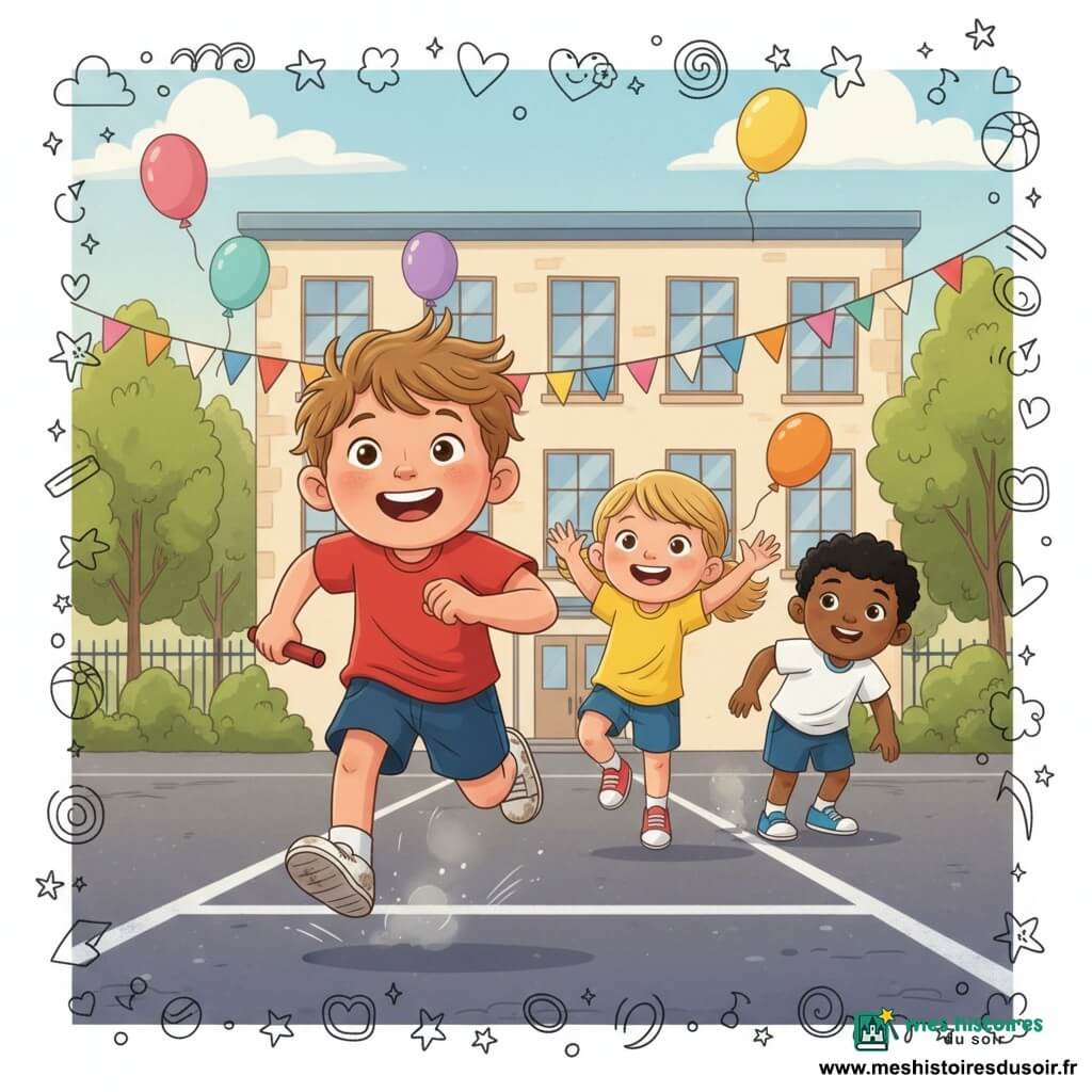 Scène de relais en cour d'école : un garçon de 6 ans au visage rond et cheveux châtain clair court, souriant et tenant un petit témoin rouge ; Sarah, blonde en queue de cheval, vient de lui passer le témoin ; Lila, 6 ans aux boucles brunes, applaudit derrière la ligne ; Hugo, 6 ans aux cheveux noirs, attend plus loin penché en avant. Sol goudronné peint de lignes blanches, drapeaux et ballons, arbres et bâtiment crème en arrière-plan ; lumière douce de fin de matinée, mouvements dynamiques, poussière sous les baskets, couleurs saturées et doodles (étoiles, lignes de vitesse, cœurs) pour accentuer l'énergie.