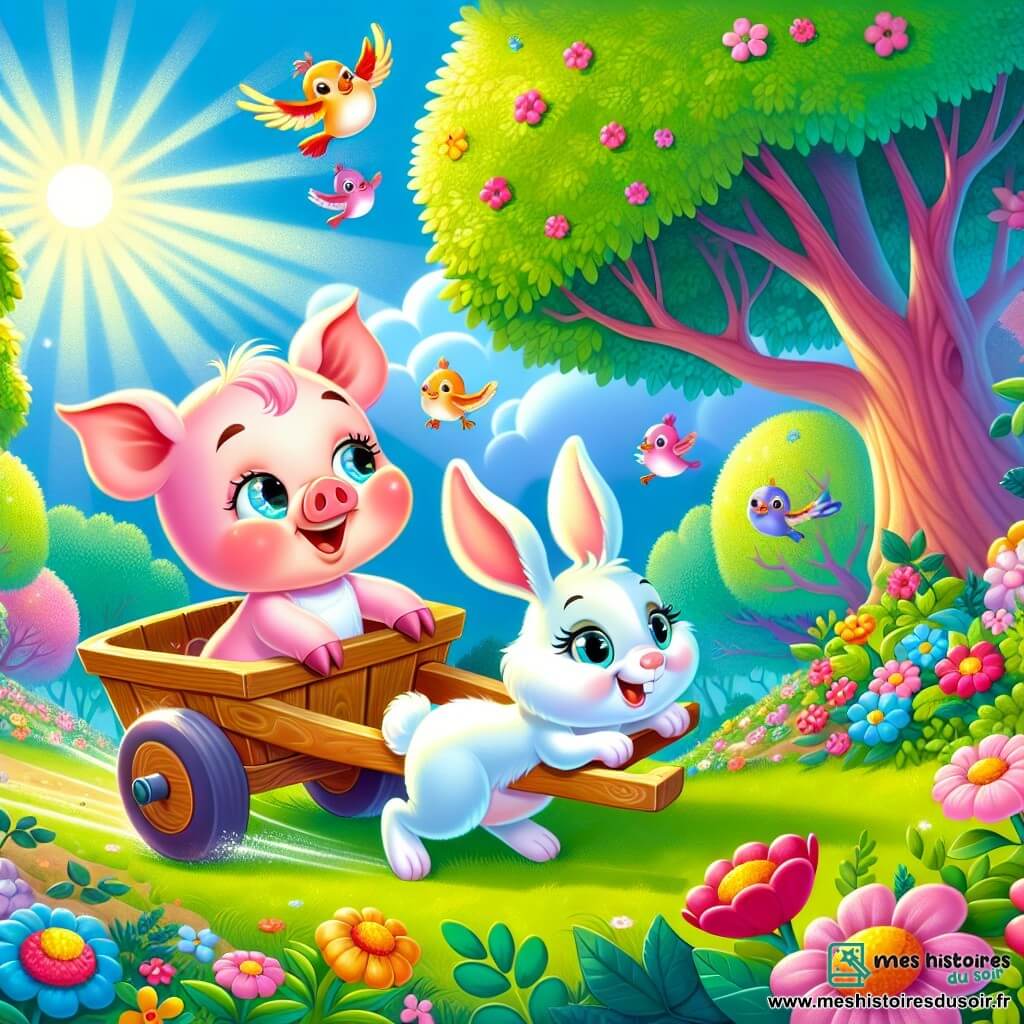 Un petit cochon rose, souriant et malicieux, est assis dans une brouette en bois qu'il pousse avec enthousiasme. À côté, un lapin aux grandes oreilles blanches s'accroche à la brouette, prêt à avancer. La scène se déroule dans une forêt enchantée, avec des arbres verts, des fleurs colorées et un ciel bleu. Des oiseaux chantent, ajoutant de la magie à l'ambiance. Le cochon et le lapin s'apprêtent à faire la course dans la brouette, entourés d'animaux qui les encouragent.