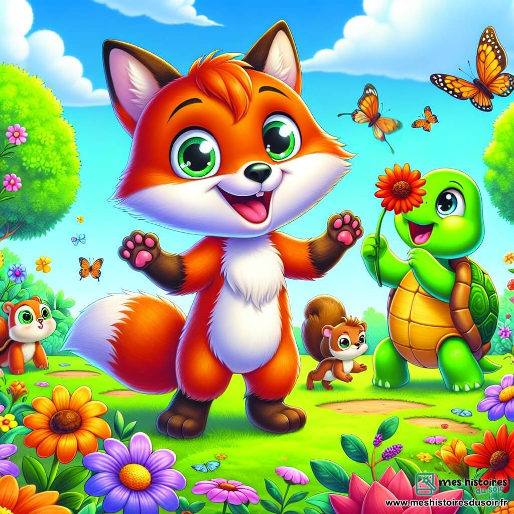 Un renard joyeux nommé Renardo, avec un pelage orange vif, se tient au centre d'un jardin coloré, souriant et levant les pattes, prêt à montrer ses trésors. À sa droite, une tortue nommée Tilly admire une belle fleur, son expression pleine de fierté. À sa gauche, un écureuil espiègle nommé Sacha saute de joie en tenant une noisette brillante. Le jardin est rempli de fleurs éclatantes, d'arbres verdoyants et de papillons. Au fond, un ciel bleu clair est parsemé de nuages blancs. La scène représente une chasse au trésor joyeuse où Renardo et ses amis découvrent des merveilles de la nature, riant et s'amusant ensemble.