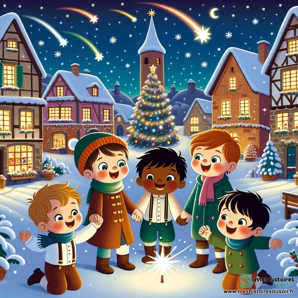 Dans un village enneigé, quatre garçons se tiennent la main en cercle, illuminés par la magie de Noël. Lucas, 8 ans, sourit avec émerveillement. Max, 7 ans, pointe une étoile filante. Tom, 9 ans, observe un petit elfe lumineux qui danse autour d'eux, tandis qu'Hugo, 8 ans, rit en écoutant l'elfe. Le décor est féerique avec de la neige scintillante, des maisons ornées de guirlandes lumineuses, et un grand sapin de Noël décoré. Les enfants sont émerveillés par l'elfe qui leur parle de la magie de Noël, centrée sur le partage et l'amour, entourés de cadeaux et de décorations, prêts pour une aventure sous le ciel étoilé.