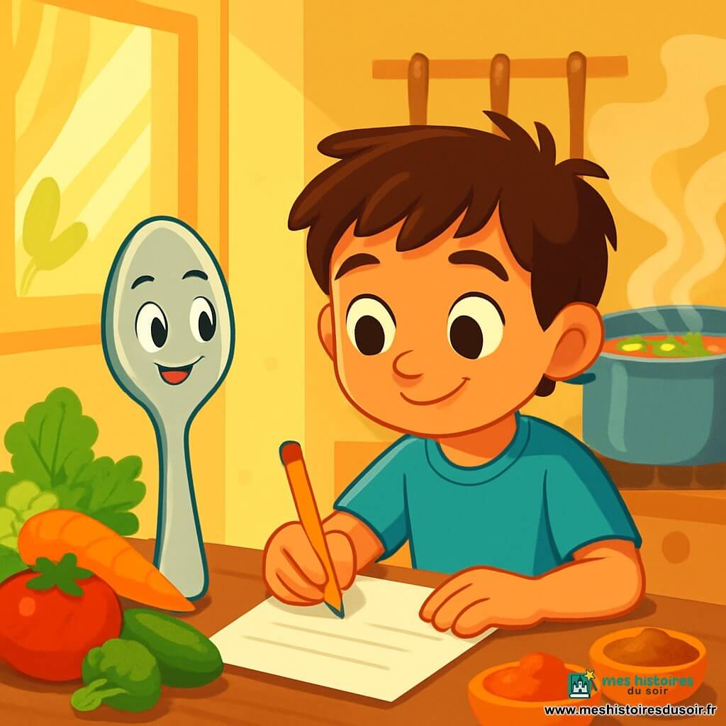 Une petite cuillère nommée Lila, joyeuse et curieuse, se trouve sur une table en bois entourée de légumes colorés et d'épices. À côté, un garçon nommé Samir, avec des cheveux bruns en désordre et un t-shirt bleu, écrit sur le Ramadan, concentré et souriant. La scène se déroule dans une cuisine chaleureuse aux murs jaunes, avec une grande marmite fumante sur le feu. Lila aide Samir à exprimer ses émotions, créant un moment de joie et de créativité.