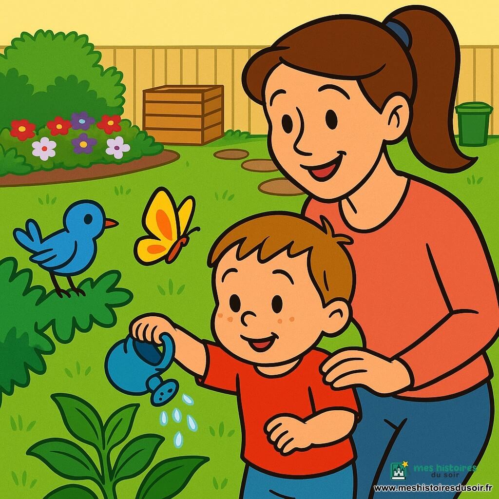 Un garçon de 2 ans arrose une plante avec un petit arrosoir bleu tandis que sa mère, la main sur son épaule, le regarde; un papillon vole au‑dessus de la plante, un oiseau bleu est posé sur un buisson, et le jardin lumineux présente une pelouse, des massifs de fleurs, un petit bac à compost et un chemin de dalles menant à une poubelle verte.