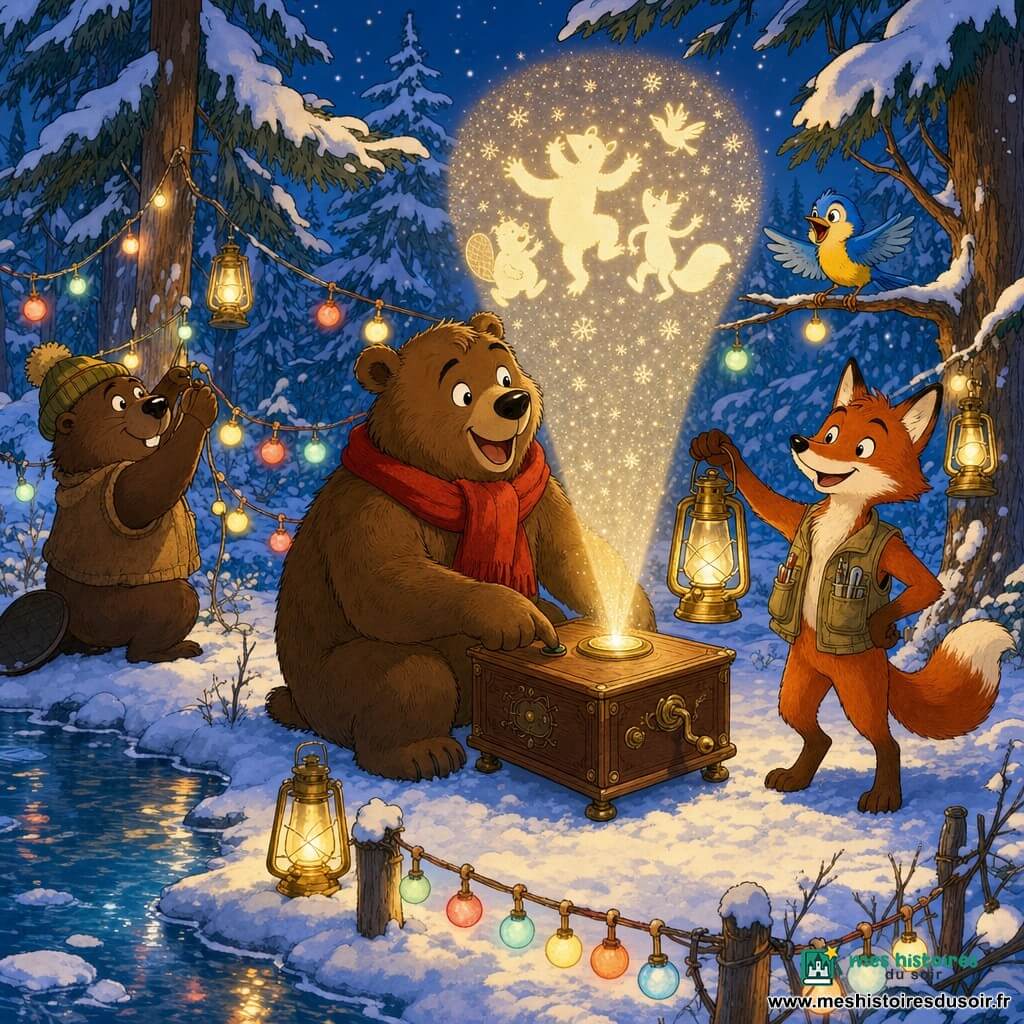 Boris, un grand ours brun au pelage épais et à l'écharpe rouge, appuie sur le bouton d'une boîte musicale devenue projecteur ; à sa droite Léon, un renard roux et malin en gilet kaki, tient une lanterne dorée ; au-dessus, Mia, une petite mésange bleu et jaune, est perchée sur une branche et gazouille ; à gauche Gustave, un castor trapu, accroche des guirlandes lumineuses le long d'une berge gelée. La clairière enneigée, entourée de hauts sapins couverts de neige, le sol scintille, des guirlandes et lanternes diffusent une lueur chaude près d'une rivière partiellement gelée ; au-dessus de la boîte, une image scintillante projette des silhouettes d'amis dansantes tandis que des flocons tombent, créant une ambiance chaleureuse et festive où les couleurs chaudes contrastent avec le blanc froid de la neige.