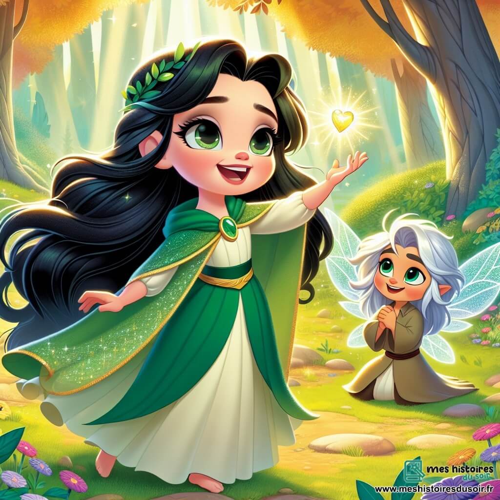 Au centre de l'image, Éléonore, une princesse de 12 ans, se tient fièrement avec de longs cheveux noirs et une cape émeraude. Elle lève l'Amulette de Lumière, illuminant son entourage. À ses côtés, un Sylvain espiègle avec des ailes de feuille l'encourage. En arrière-plan, un Sylvain plus âgé observe avec bienveillance. Le décor est une clairière enchantée avec des arbres aux feuilles dorées, des fleurs colorées et une rivière scintillante. Éléonore défie le dragon Ténébron, qui a des écailles noires et des yeux rouges, prête à protéger son royaume. L'espoir brille dans les yeux de la princesse et de ses amis.