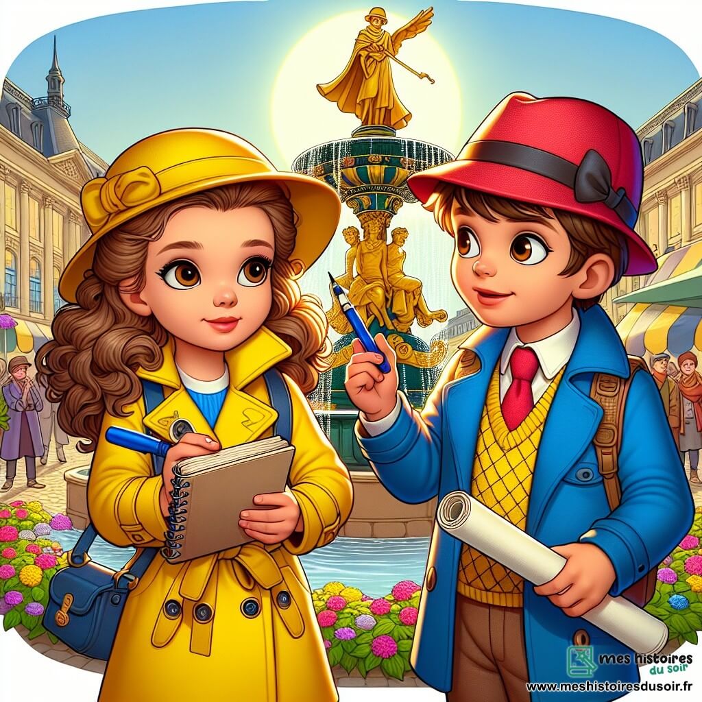 Lila, une jeune détective aux cheveux bruns et bouclés, porte un trench-coat jaune vif et un chapeau de détective. Elle est déterminée, tenant un carnet et un stylo, prête à résoudre le mystère de la statue disparue. À ses côtés, Tom, un garçon de 8 ans avec un chapeau rouge vif, regarde la scène avec curiosité et pointe la direction où il a vu un homme mystérieux. En arrière-plan, la fontaine de Clairdelune est entourée de fleurs et d'habitants curieux. La statue en or disparue est représentée sur un piédestal vide, ajoutant au mystère. Lila et Tom discutent intensément, cherchant des indices pour retrouver la statue volée, tandis que le soleil brille au-dessus d'eux.