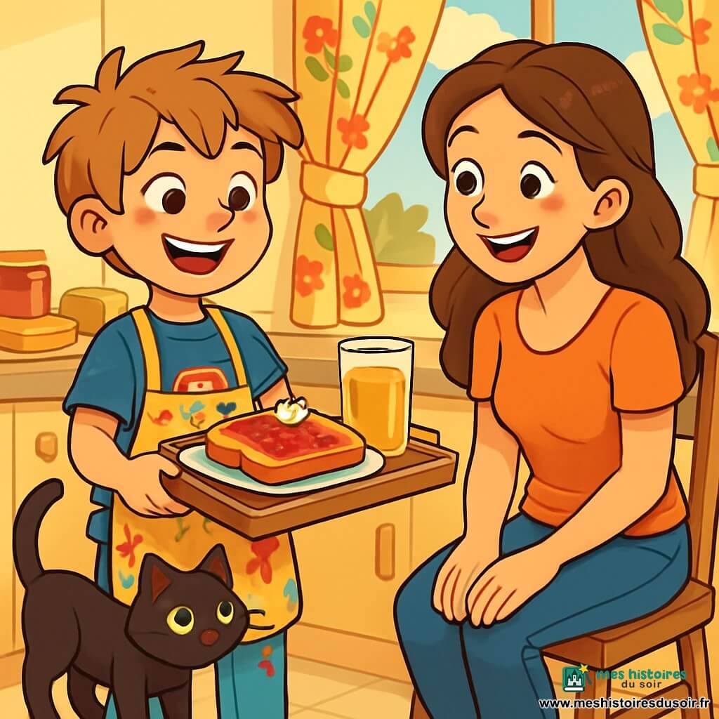 Un garçon de 10 ans, Sacha, avec des cheveux châtain clair en bataille et un grand sourire, se tient debout dans une cuisine ensoleillée. Il porte un t-shirt bleu avec des motifs de super-héros et un tablier coloré plein de taches de confiture. Ses yeux brillent d'excitation alors qu'il présente un plateau de petit-déjeuner. À ses côtés, sa maman, Florence, une femme d'environ 35 ans, sourit tendrement, émerveillée par la surprise de son fils. Le chat noir aux yeux verts se faufile autour de Sacha, curieux. La cuisine est lumineuse avec des murs jaunes et un plan de travail rempli d'ingrédients colorés. Sacha, fier, offre le plateau à sa maman, créant un moment de bonheur partagé.